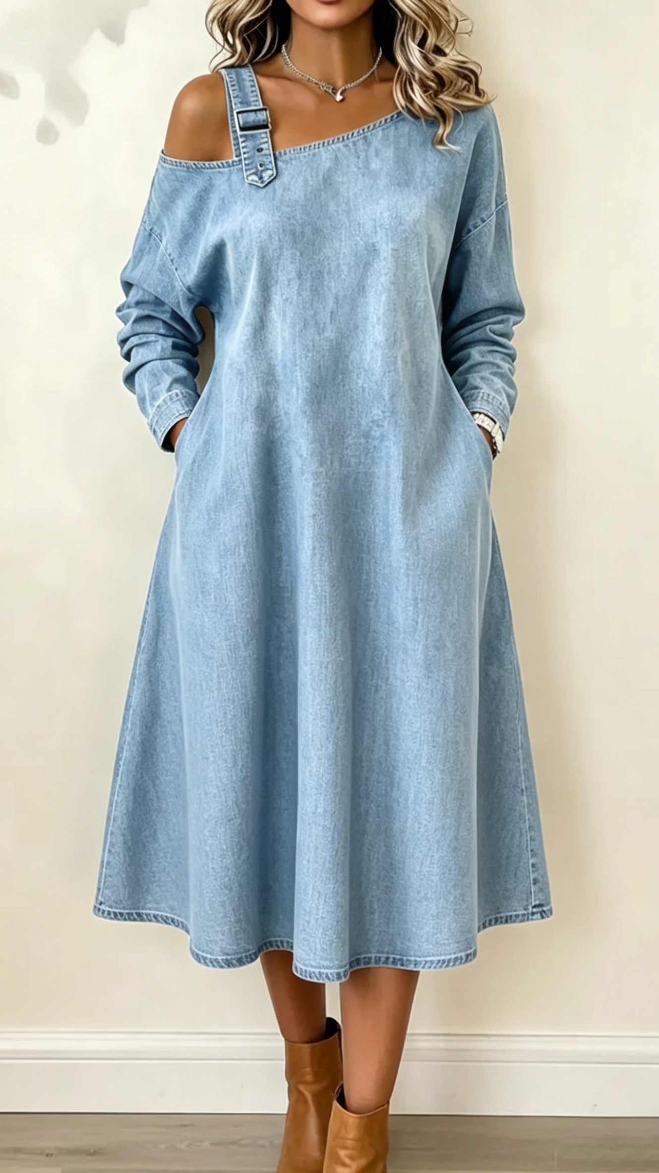 Women's Fashionable Strappy Off-the-shoulder Long-sleeved Dress
