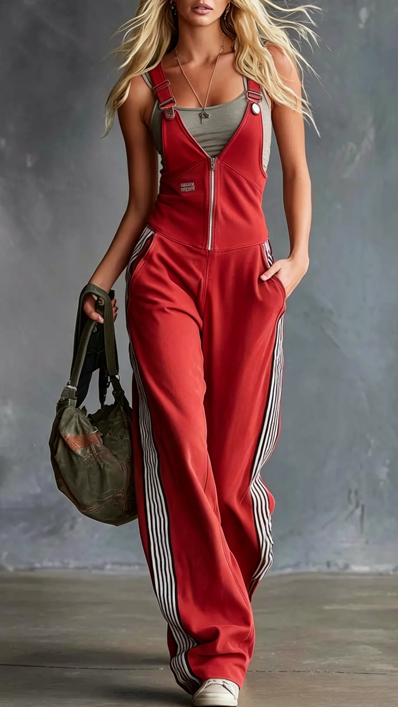 Retro Fashion Sports V-Neck Front-Zip Olive Green Cotton Overalls Jumpsuit
