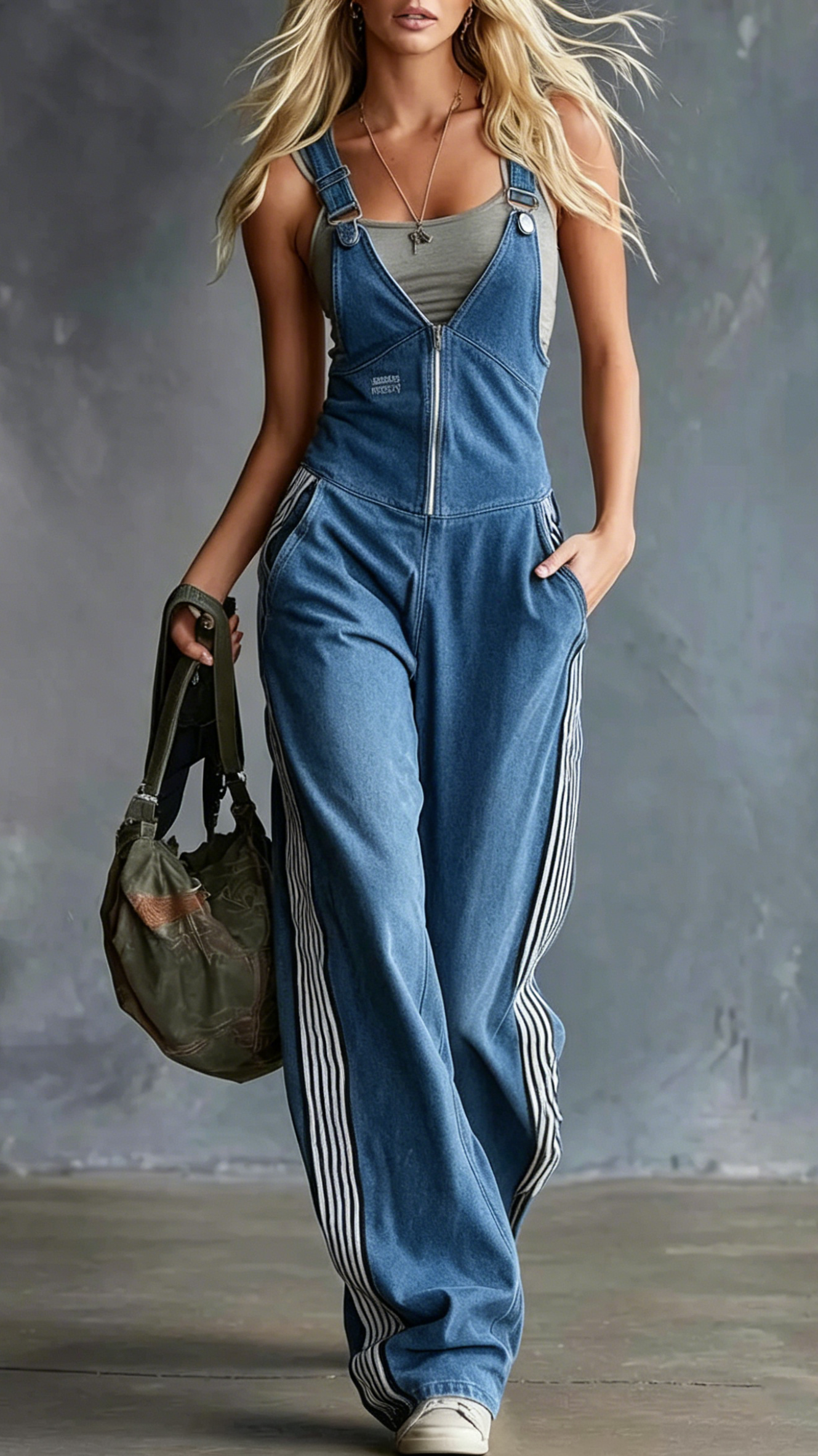 Retro Fashion Sports V-Neck Front-Zip Olive Green Cotton Overalls Jumpsuit