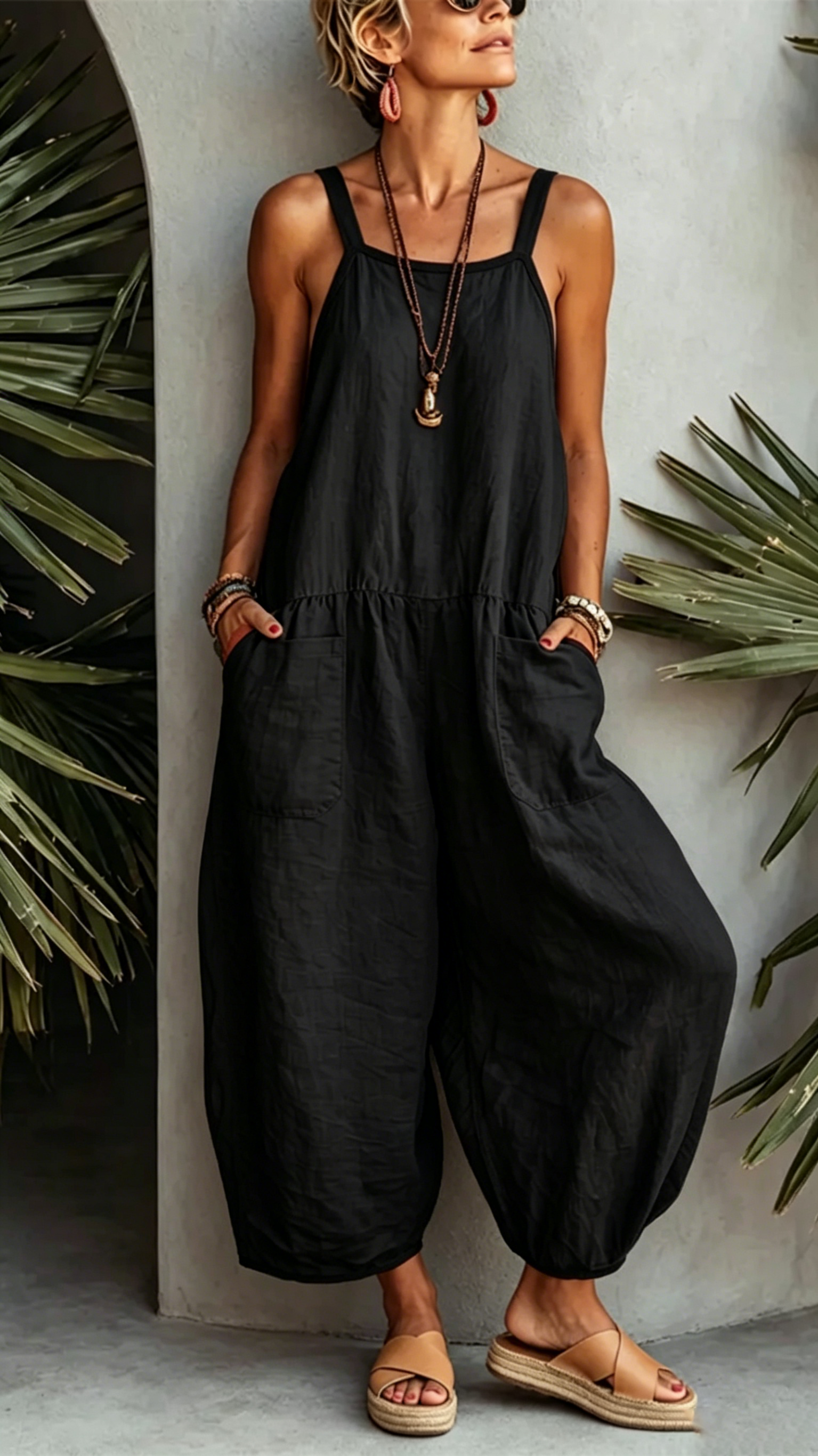 Casual Contrast-trimmed Cotton-linen Straps Jumpsuit