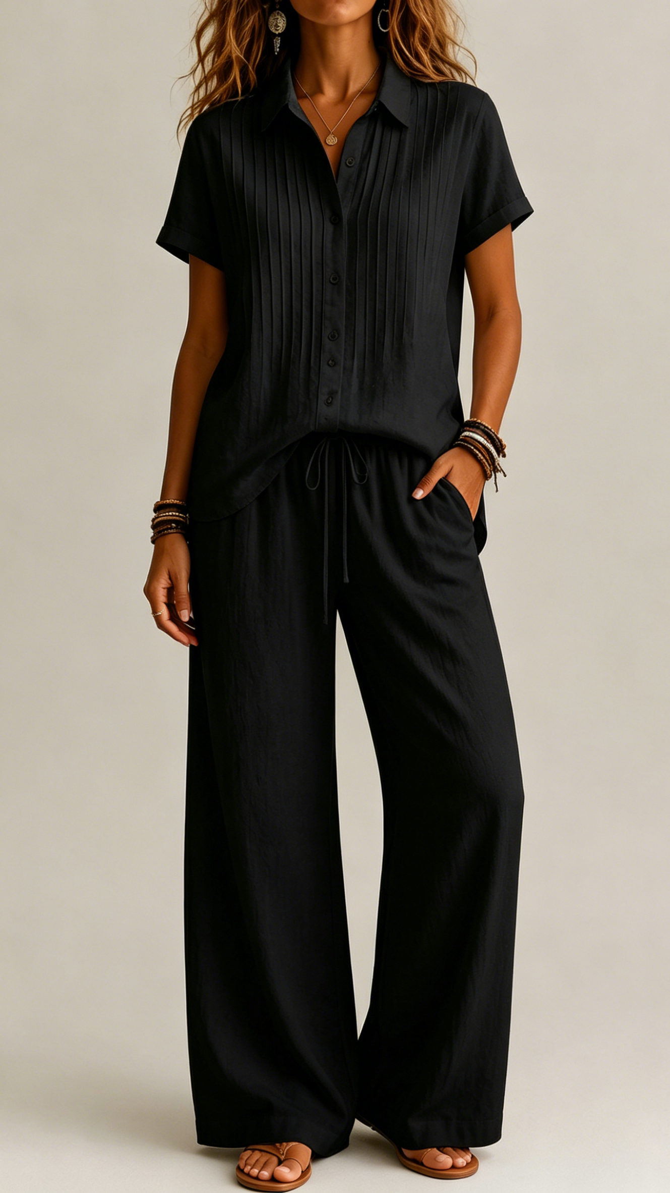 Front Pleated Short Sleeve Shirt & Drawstring Wide Leg Pants Two-Piece Matching Set