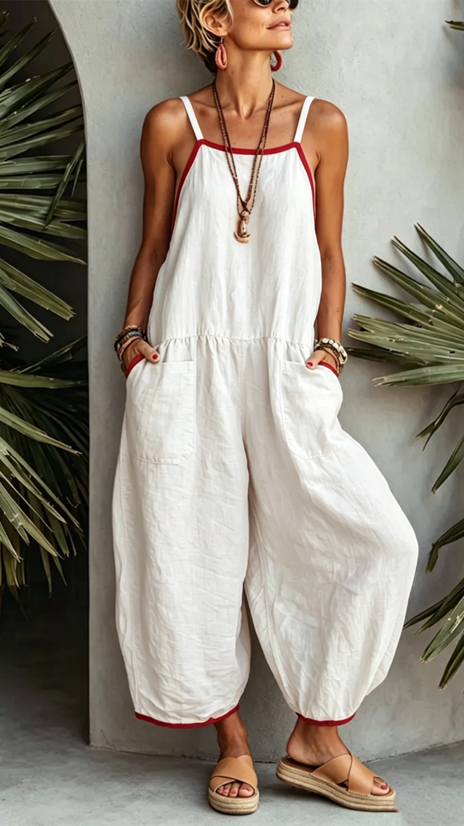 Casual Contrast-trimmed Cotton-linen Straps Jumpsuit