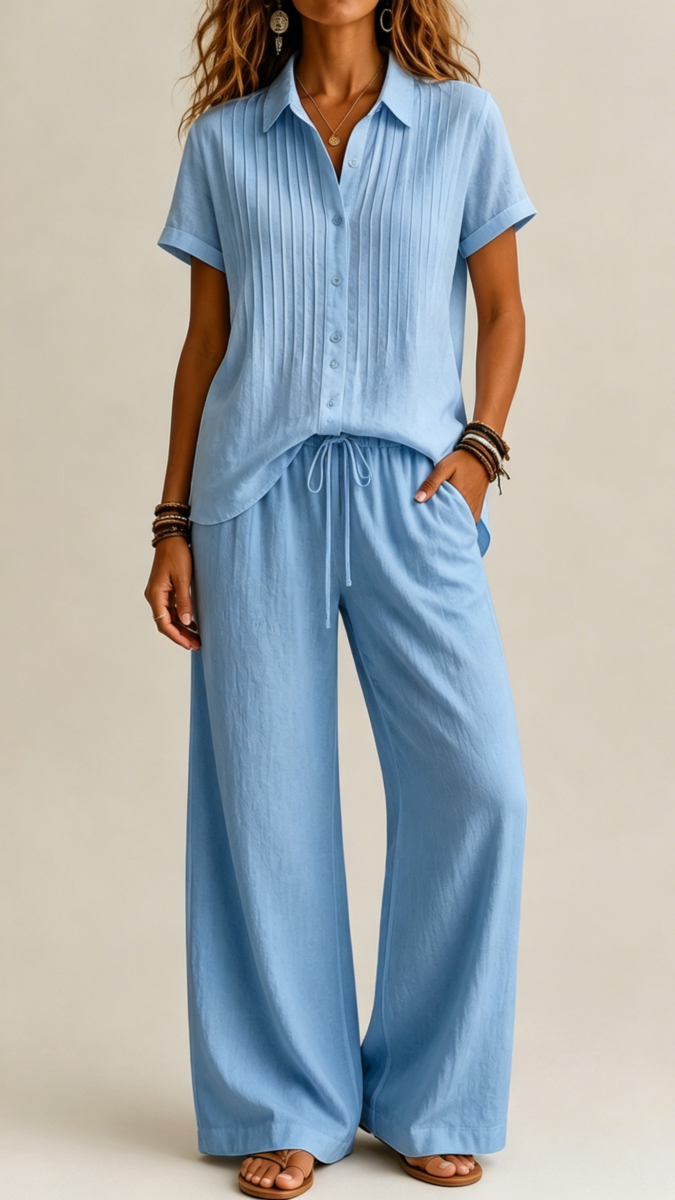 Front Pleated Short Sleeve Shirt & Drawstring Wide Leg Pants Two-Piece Matching Set