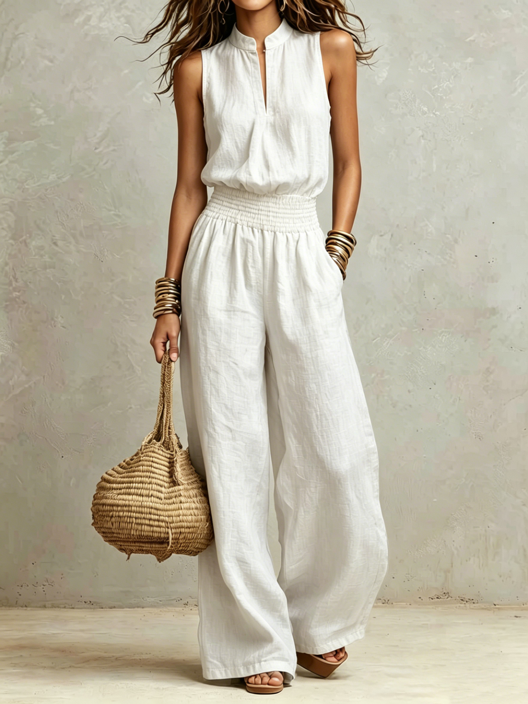 ✨ Neutral Linen-Blend Sleeveless Jumpsuit