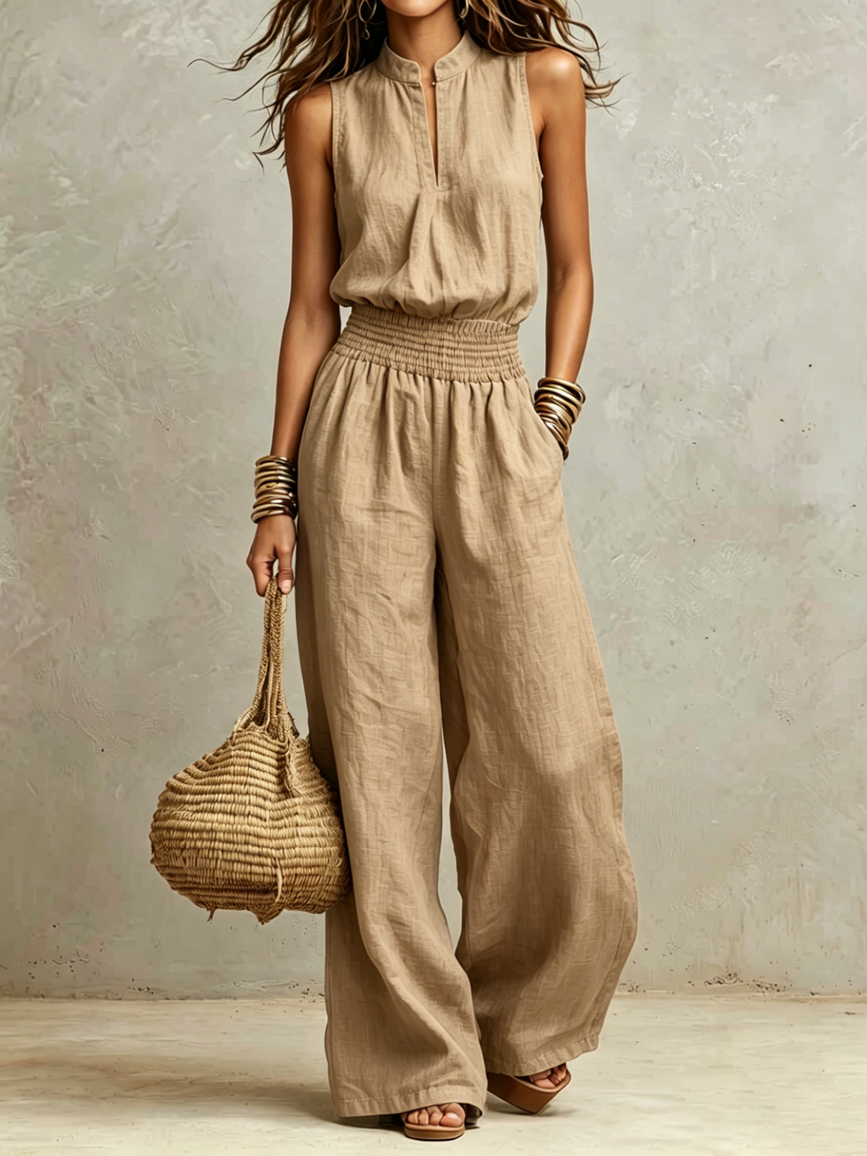 ✨ Neutral Linen-Blend Sleeveless Jumpsuit