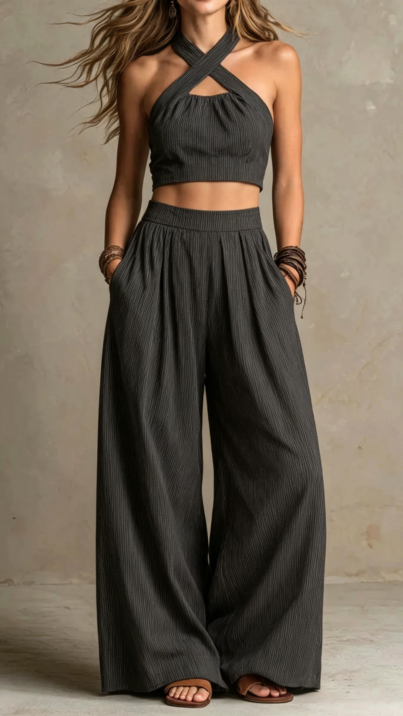 Women's Cross-neck Halter Design Cotton-linen Two-Piece Set