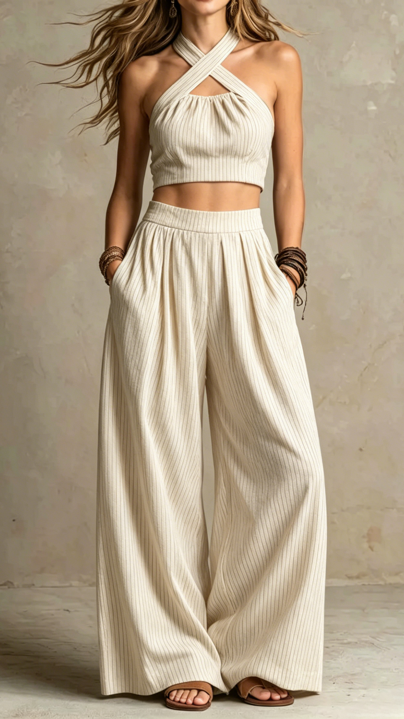 Women's Cross-neck Halter Design Cotton-linen Two-Piece Set
