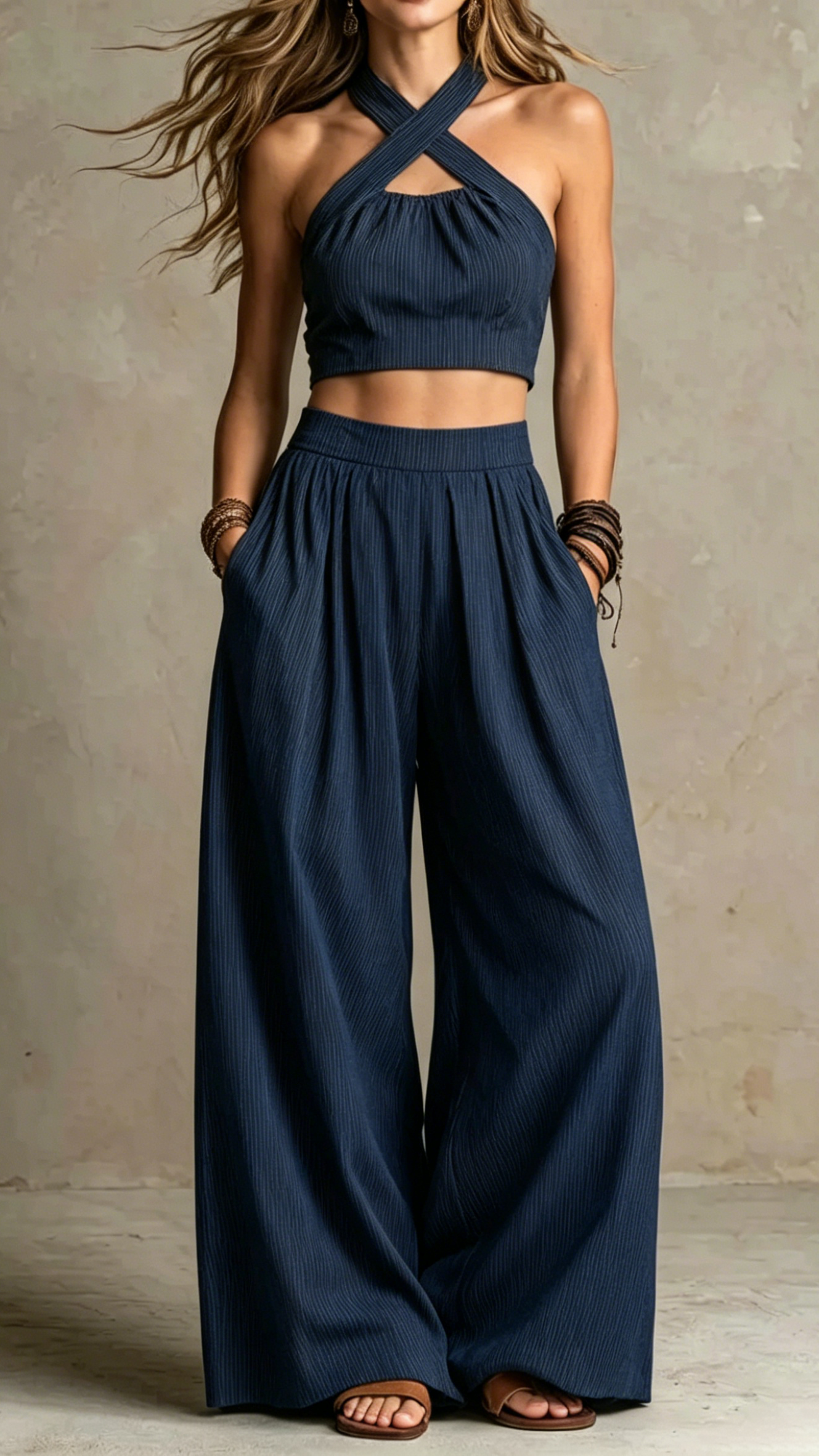 Women's Cross-neck Halter Design Cotton-linen Two-Piece Set