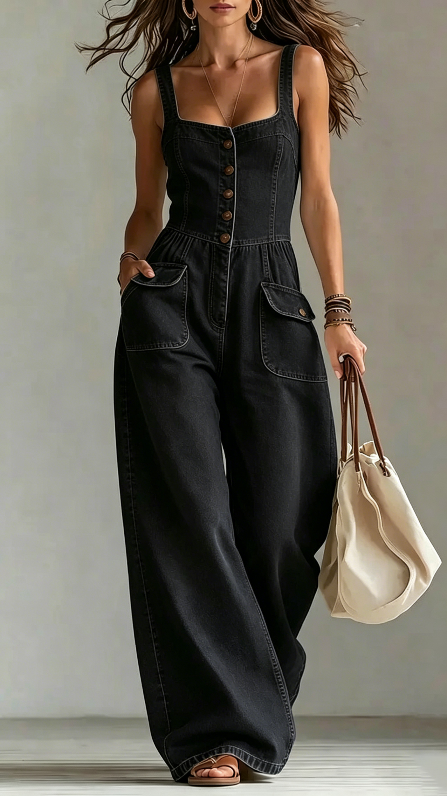 Square Neck Denim Jumpsuit