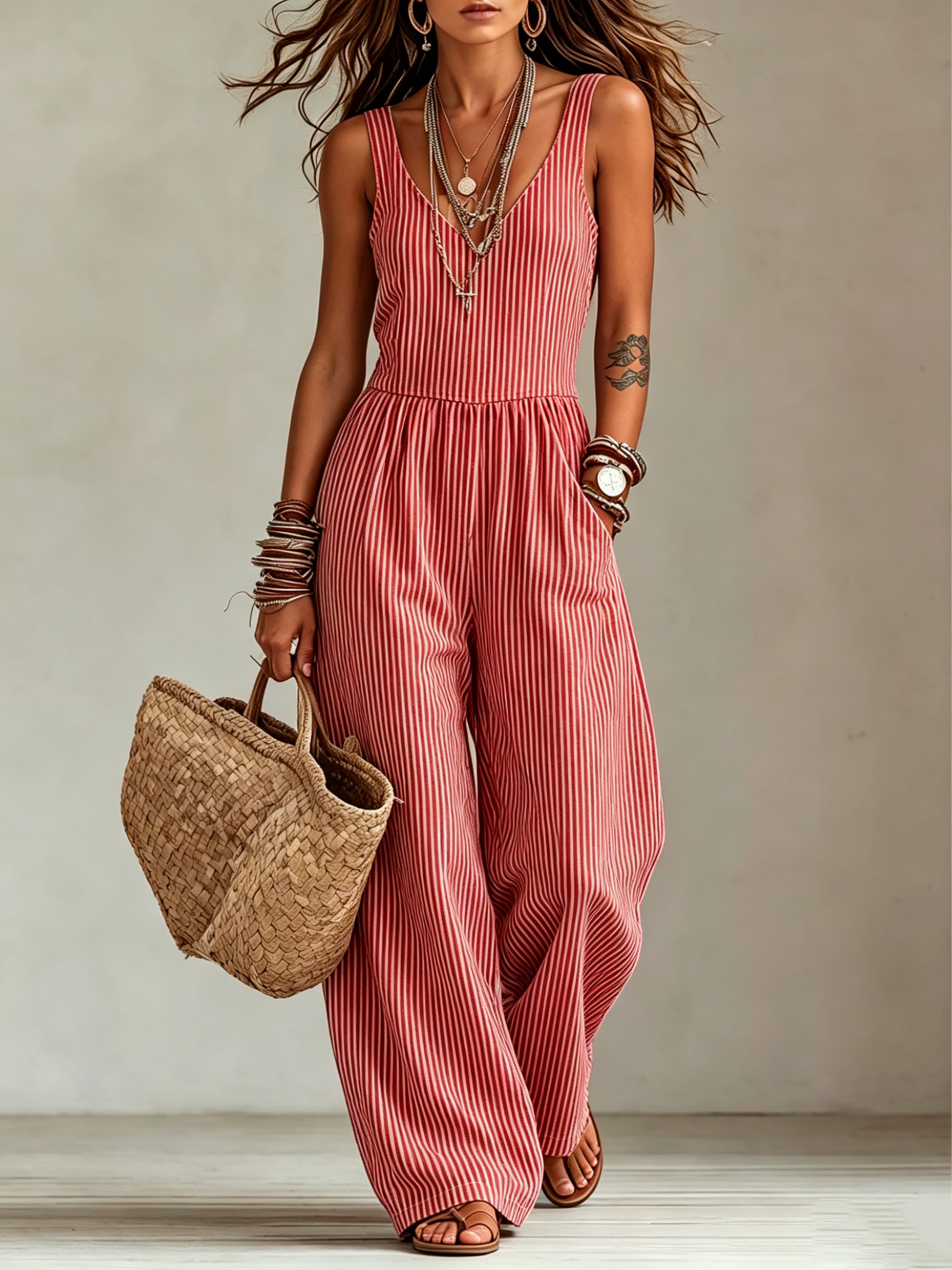 Vertical Stripe V-Neck Sleeveless Wide Leg Linen-Blend Jumpsuit