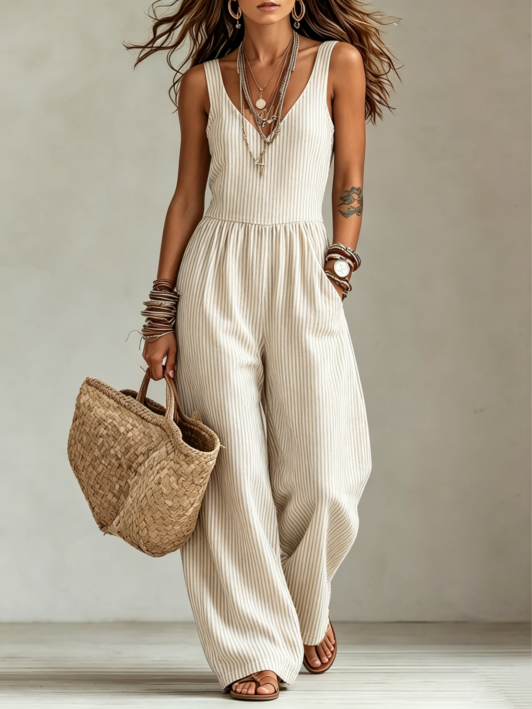 Vertical Stripe V-Neck Sleeveless Wide Leg Linen-Blend Jumpsuit