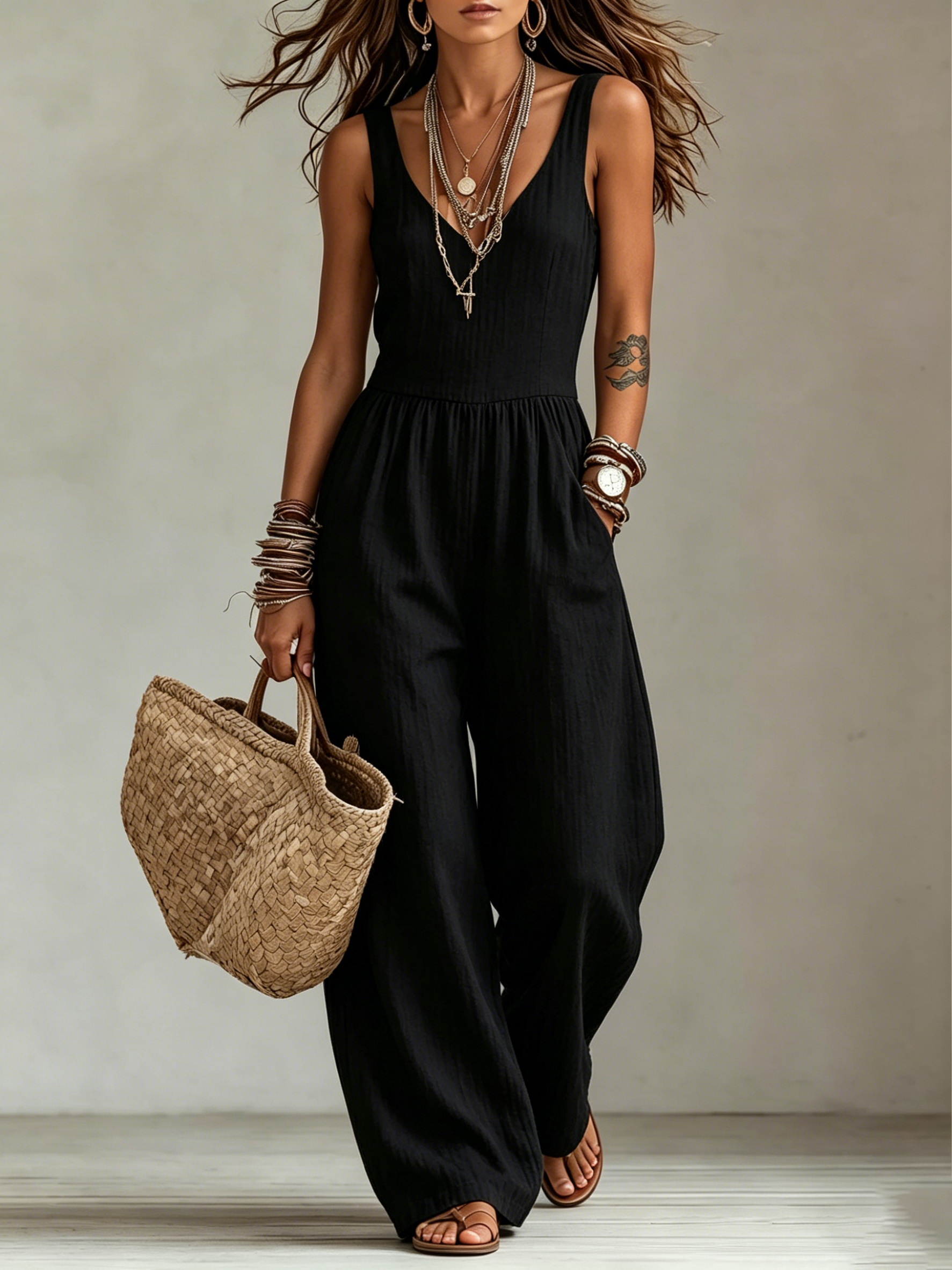 Vertical Stripe V-Neck Sleeveless Wide Leg Linen-Blend Jumpsuit