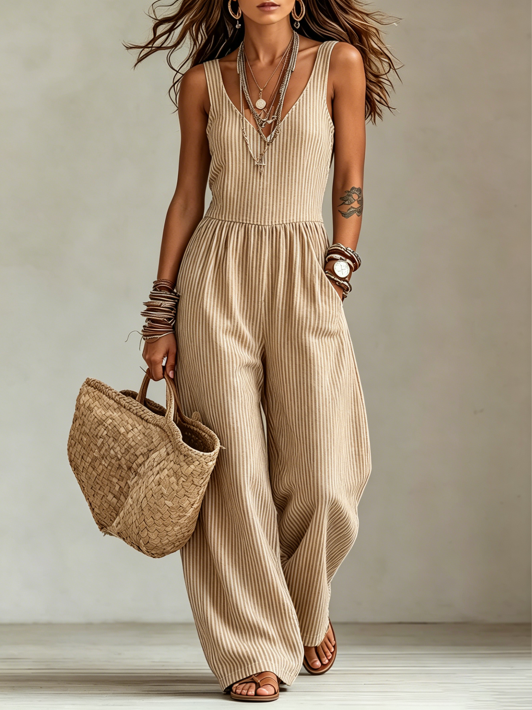 Vertical Stripe V-Neck Sleeveless Wide Leg Linen-Blend Jumpsuit