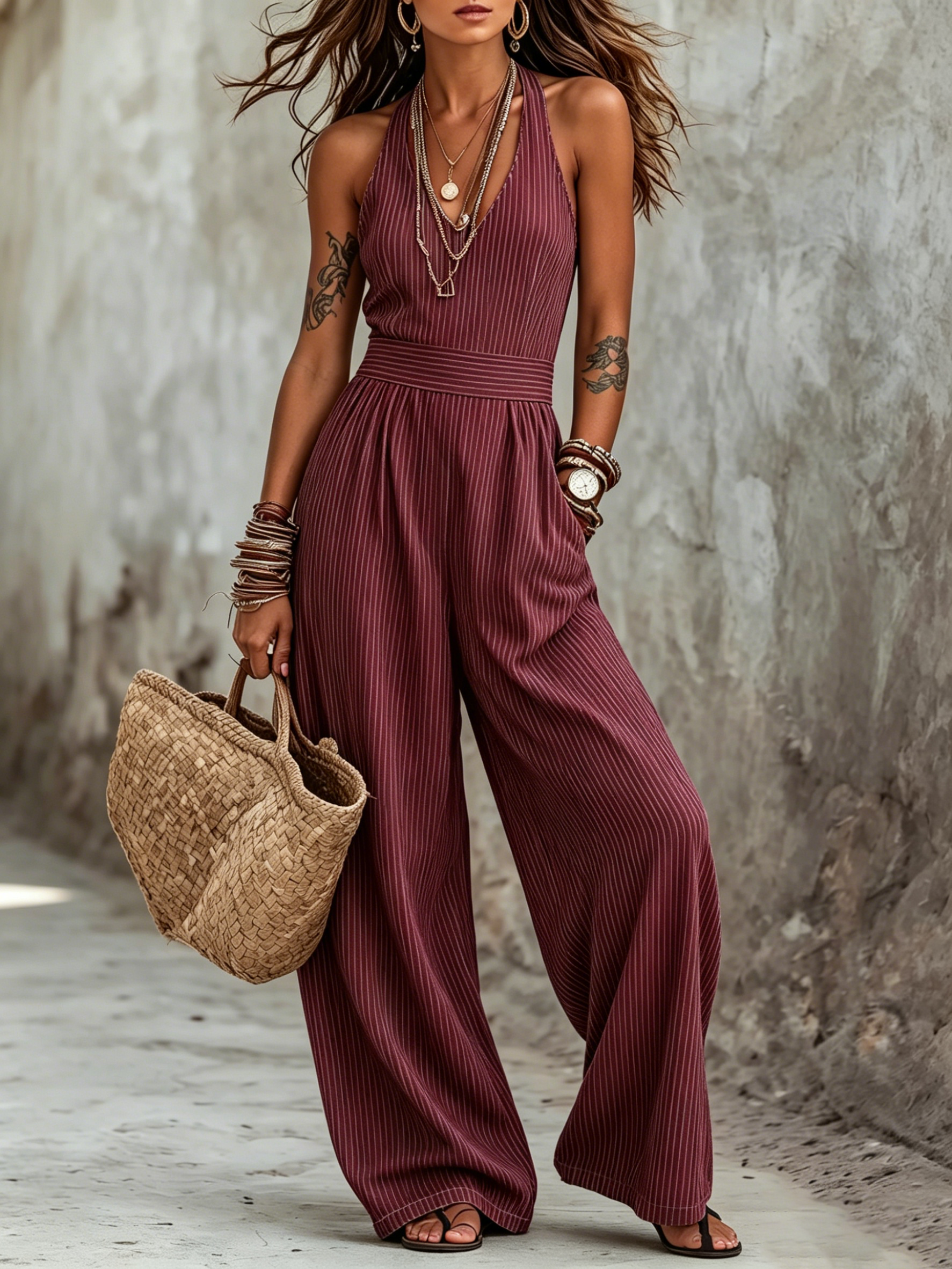 Vertical Stripe Halter Wide Leg Jumpsuit