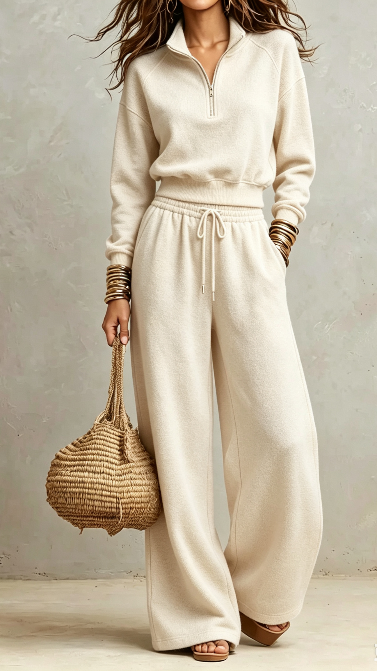 2‑Piece Sweat Co‑Ord Set | Cropped Half‑Zip Stand Collar Raglan Top & Drawstring Wide‑Leg Sweatpants Elevated Casual Loungewear Outfit