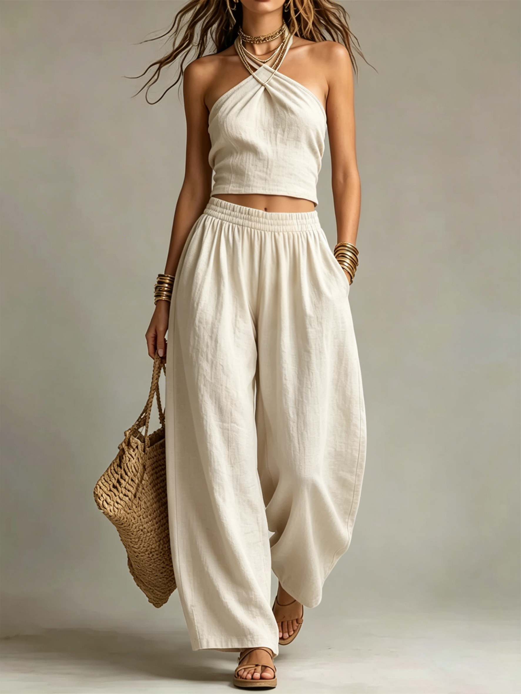  Twist Halter Crop Top & Elastic Wide Leg Pants Two-Piece Set