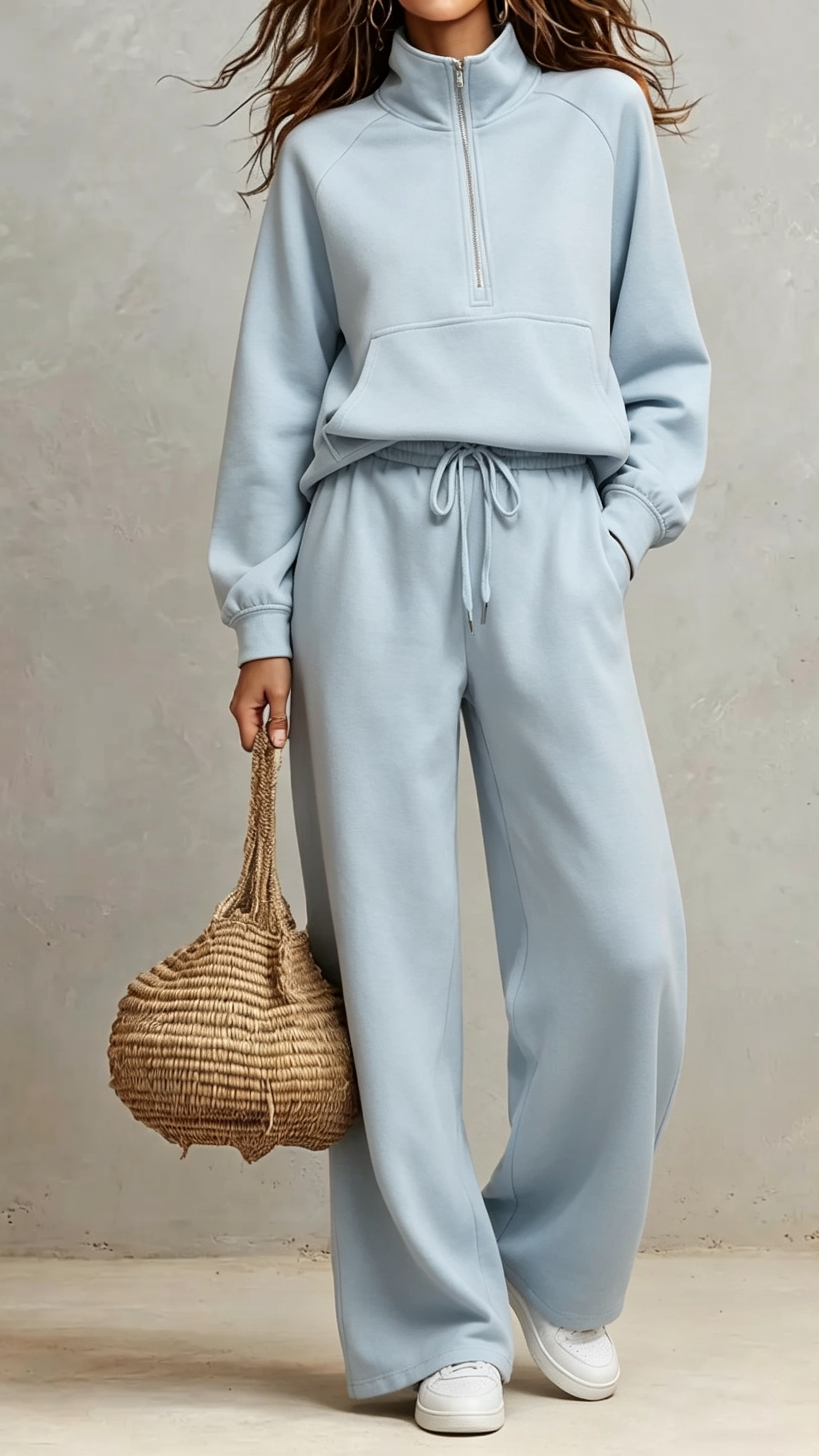 2‑Piece Sweat Co‑Ord Set | Half‑Zip Stand Collar Raglan Sweat Top & Drawstring Wide‑Leg Sweatpants Elevated Loungewear Outfit