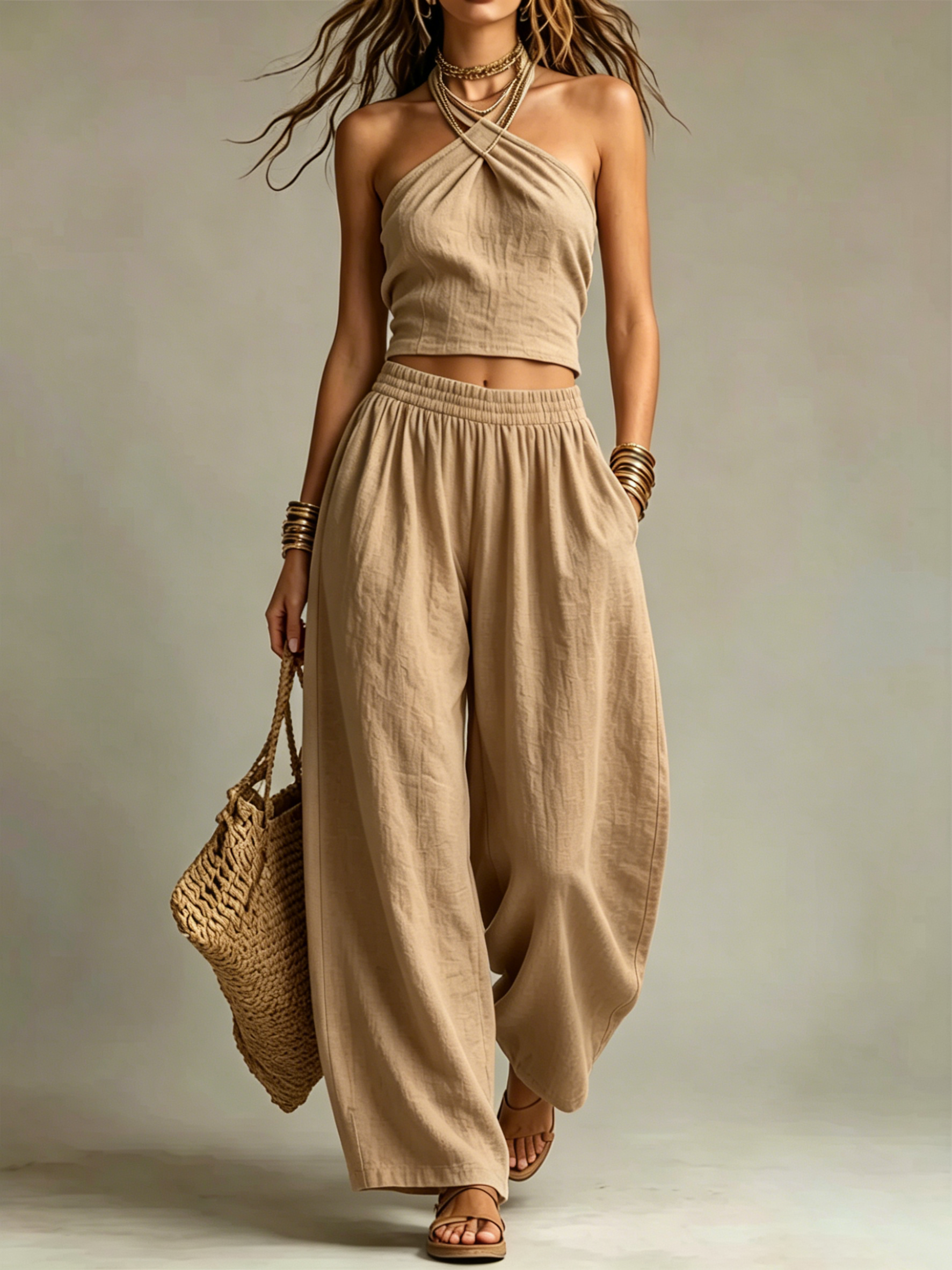  Twist Halter Crop Top & Elastic Wide Leg Pants Two-Piece Set