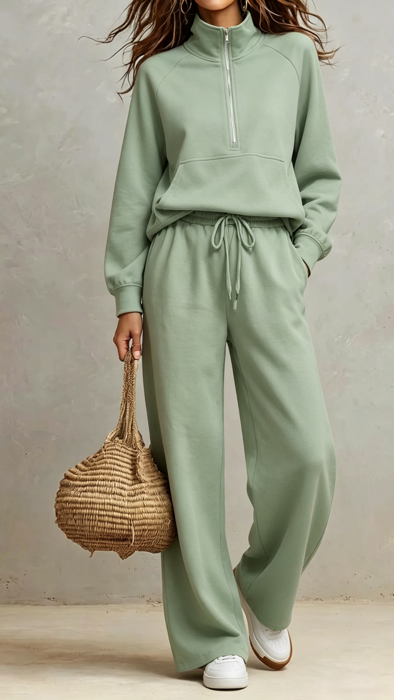 2‑Piece Sweat Co‑Ord Set | Half‑Zip Stand Collar Raglan Sweat Top & Drawstring Wide‑Leg Sweatpants Elevated Loungewear Outfit