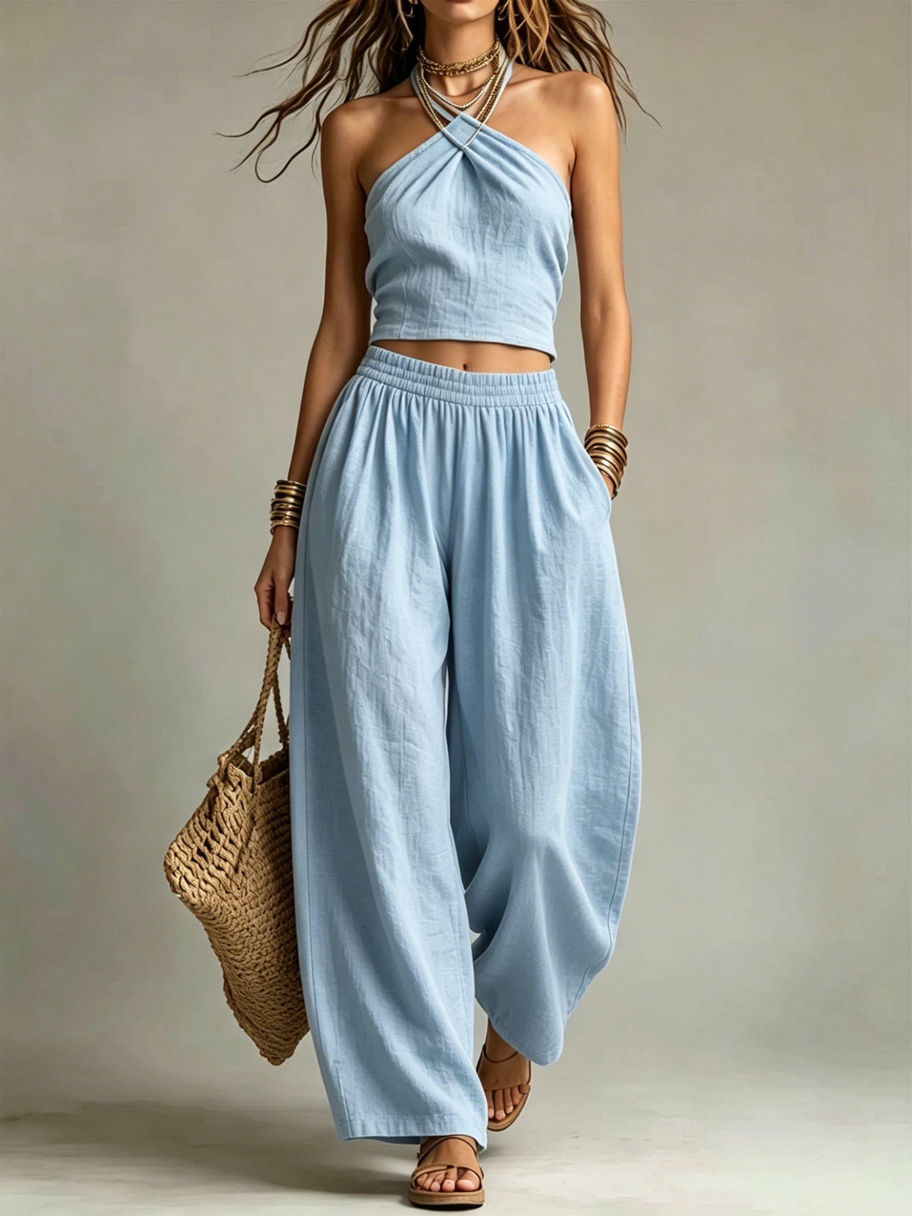  Twist Halter Crop Top & Elastic Wide Leg Pants Two-Piece Set