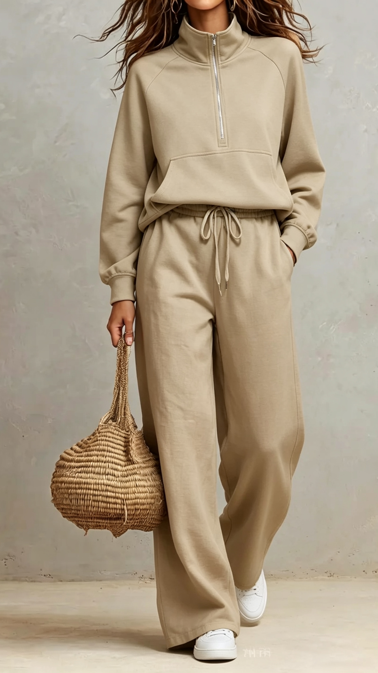 2‑Piece Sweat Co‑Ord Set | Half‑Zip Stand Collar Raglan Sweat Top & Drawstring Wide‑Leg Sweatpants Elevated Loungewear Outfit