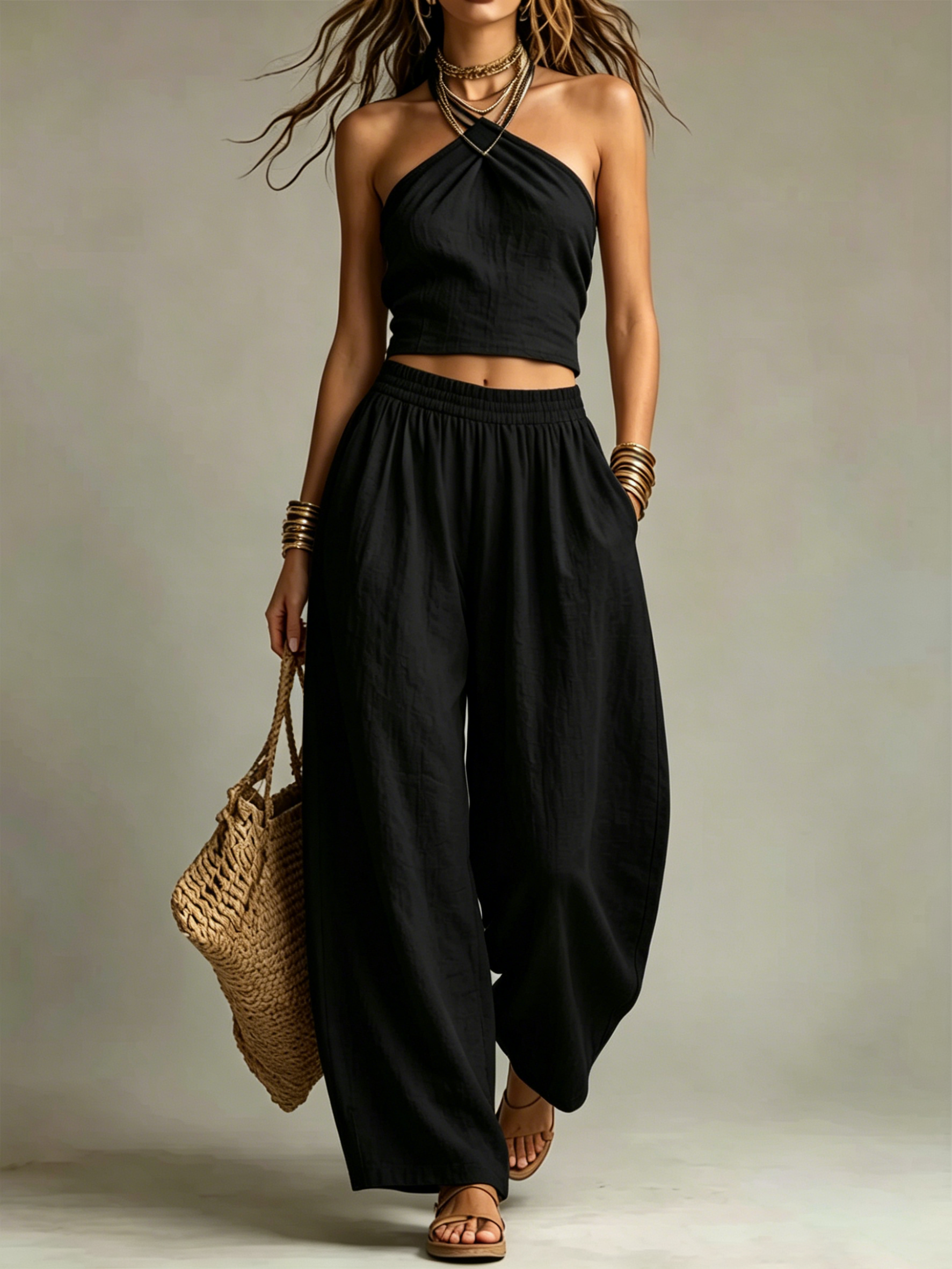  Twist Halter Crop Top & Elastic Wide Leg Pants Two-Piece Set