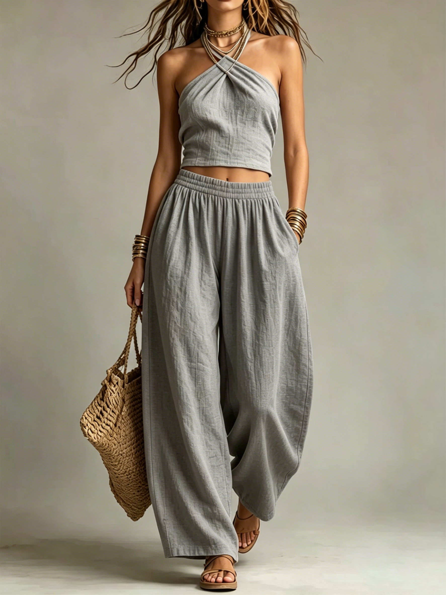  Twist Halter Crop Top & Elastic Wide Leg Pants Two-Piece Set