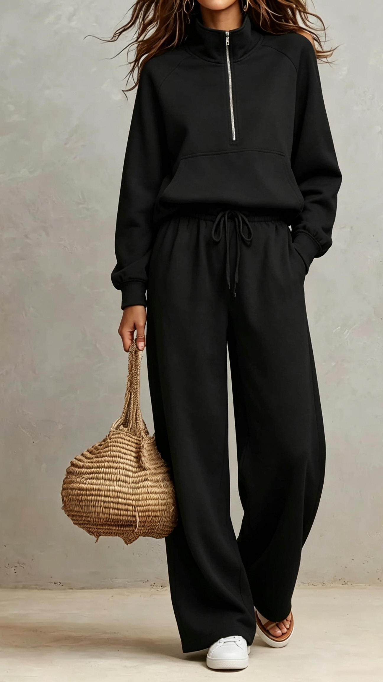 2‑Piece Sweat Co‑Ord Set | Half‑Zip Stand Collar Raglan Sweat Top & Drawstring Wide‑Leg Sweatpants Elevated Loungewear Outfit