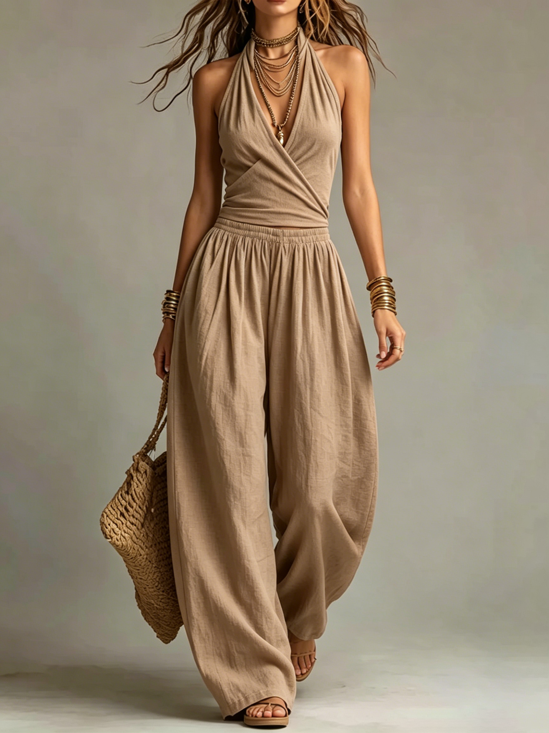 Wrap Halter Two-Piece Wide Leg Pant Set