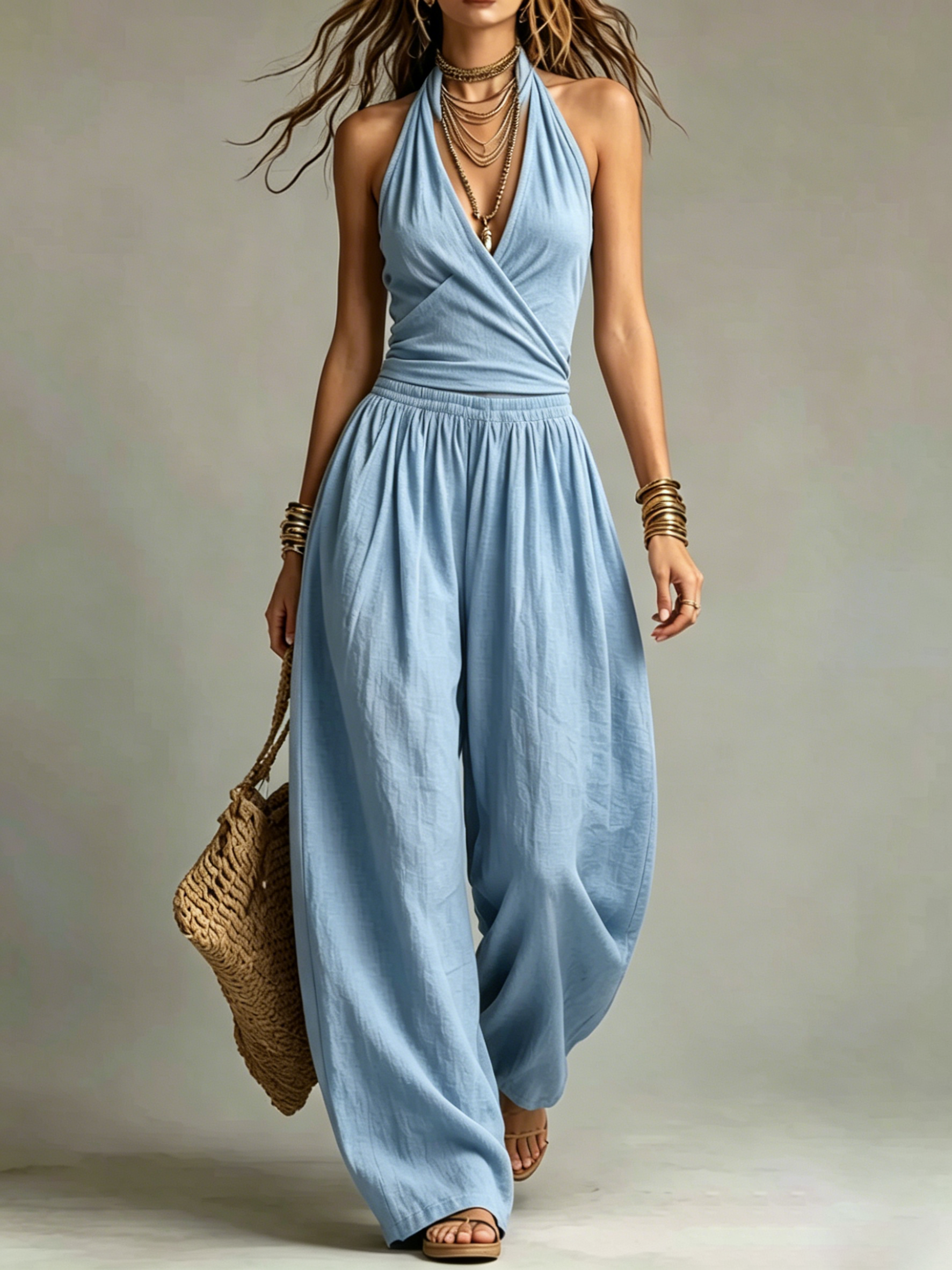 Wrap Halter Two-Piece Wide Leg Pant Set