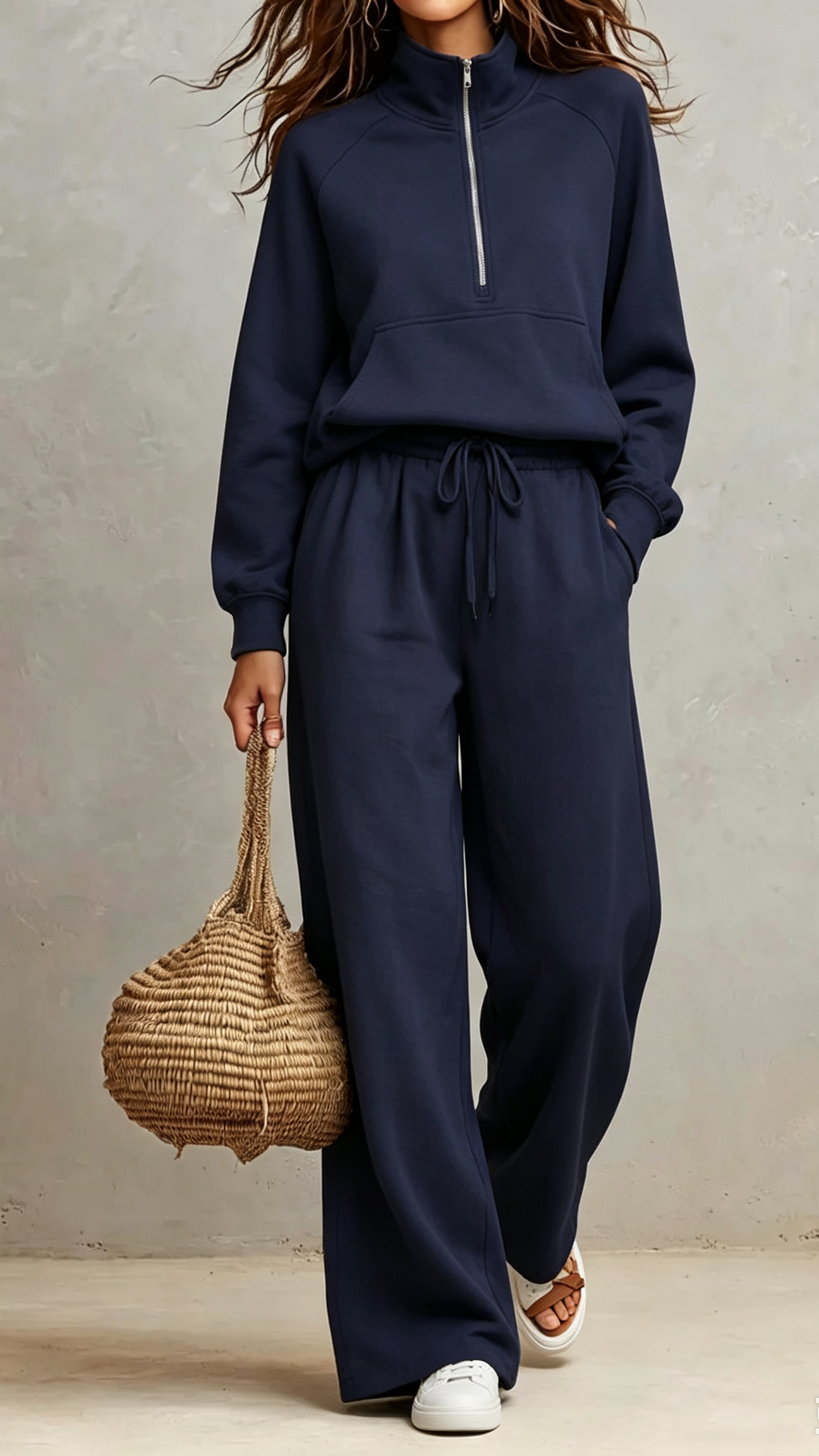 2‑Piece Sweat Co‑Ord Set | Half‑Zip Stand Collar Raglan Sweat Top & Drawstring Wide‑Leg Sweatpants Elevated Loungewear Outfit