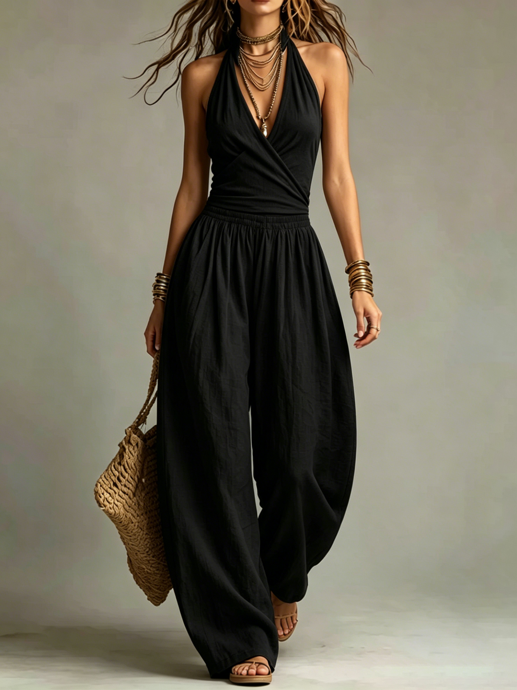 Wrap Halter Two-Piece Wide Leg Pant Set