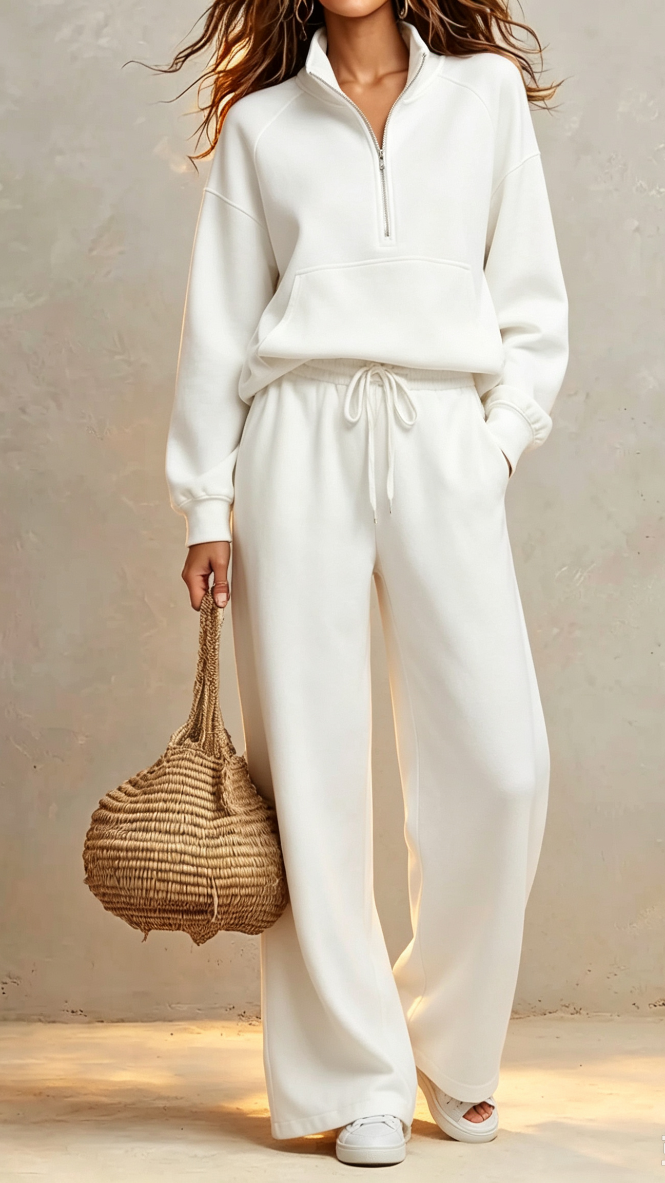 2‑Piece Sweat Co‑Ord Set | Half‑Zip Stand Collar Raglan Sweat Top & Drawstring Wide‑Leg Sweatpants Elevated Loungewear Outfit
