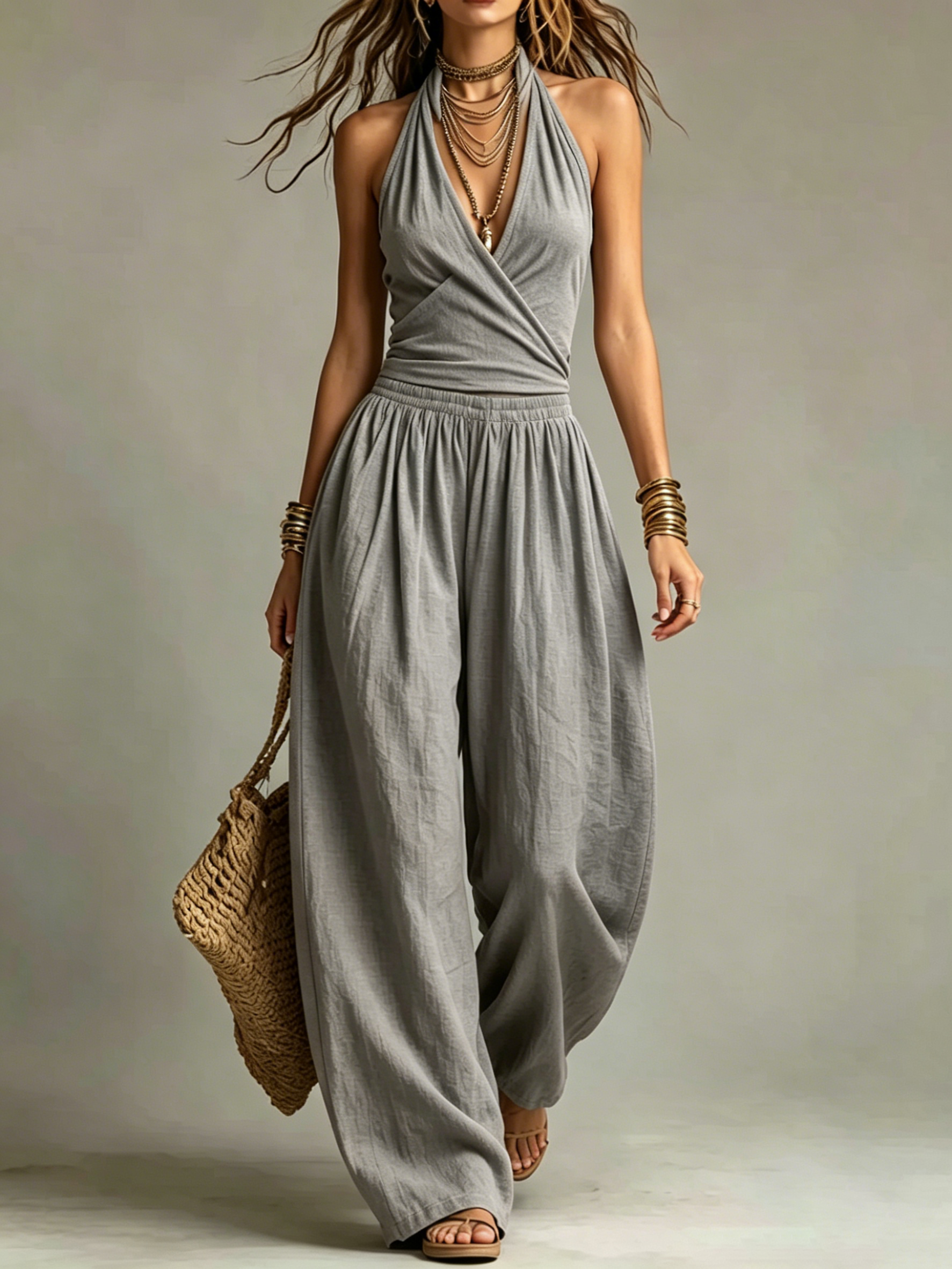 Wrap Halter Two-Piece Wide Leg Pant Set