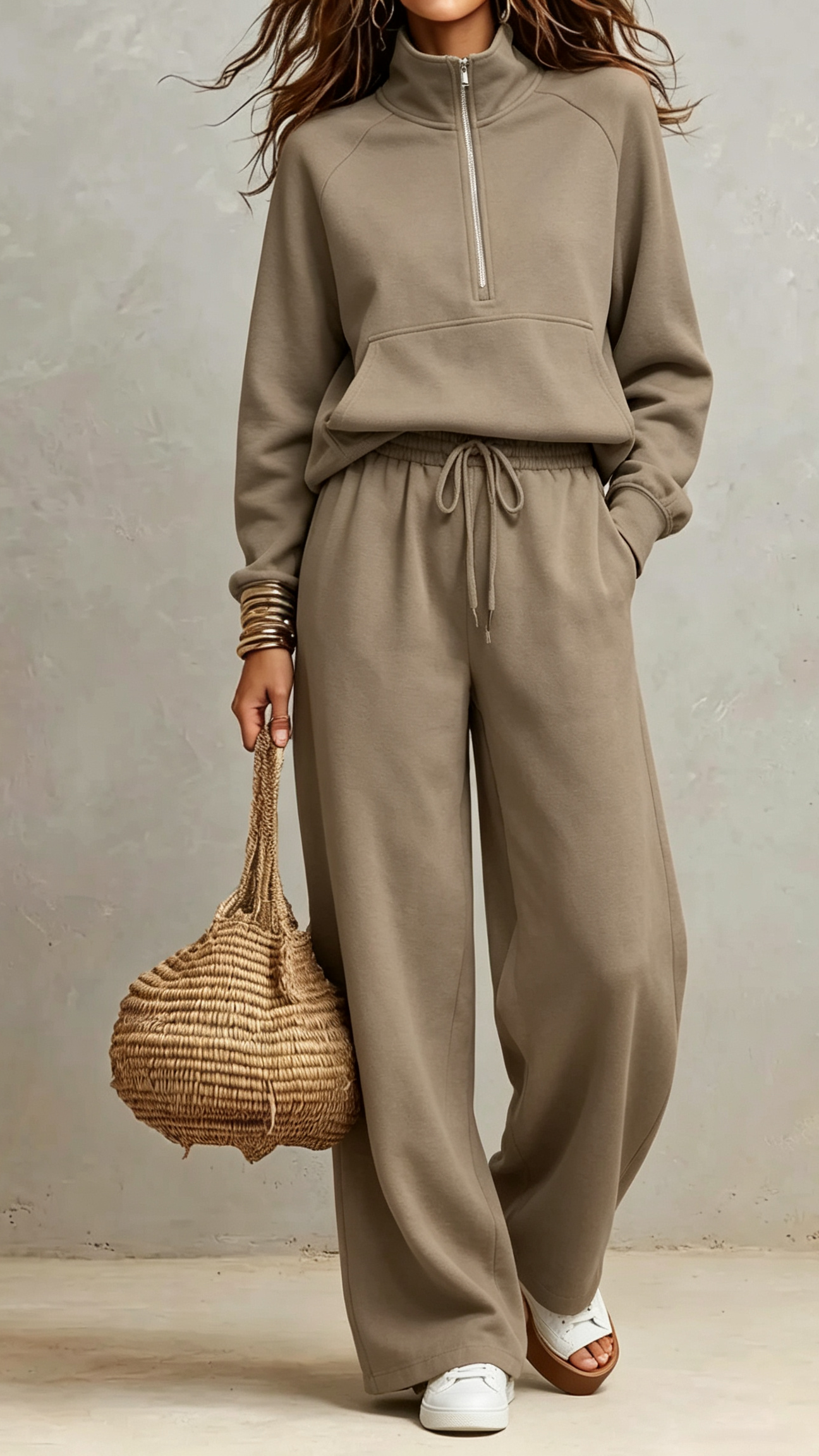 2‑Piece Sweat Co‑Ord Set | Half‑Zip Stand Collar Raglan Sweat Top & Drawstring Wide‑Leg Sweatpants Elevated Loungewear Outfit