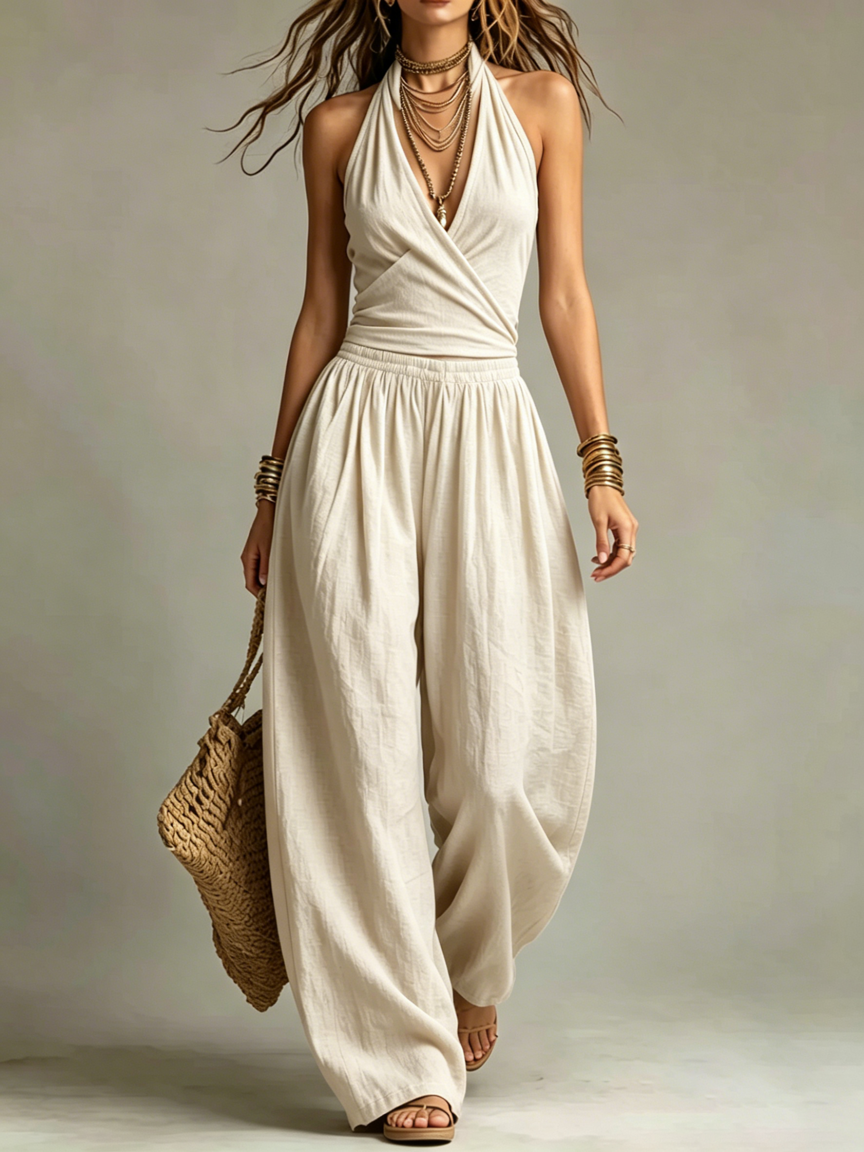 Wrap Halter Two-Piece Wide Leg Pant Set