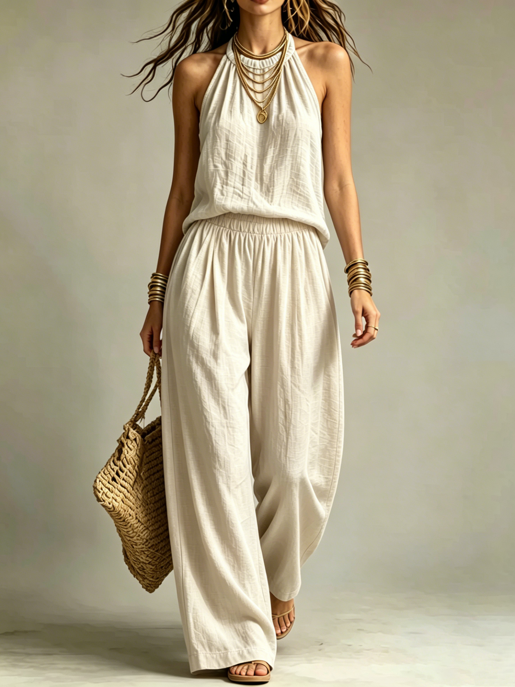 Halter Sleeveless Textured Fabric Two-Piece Pant Set