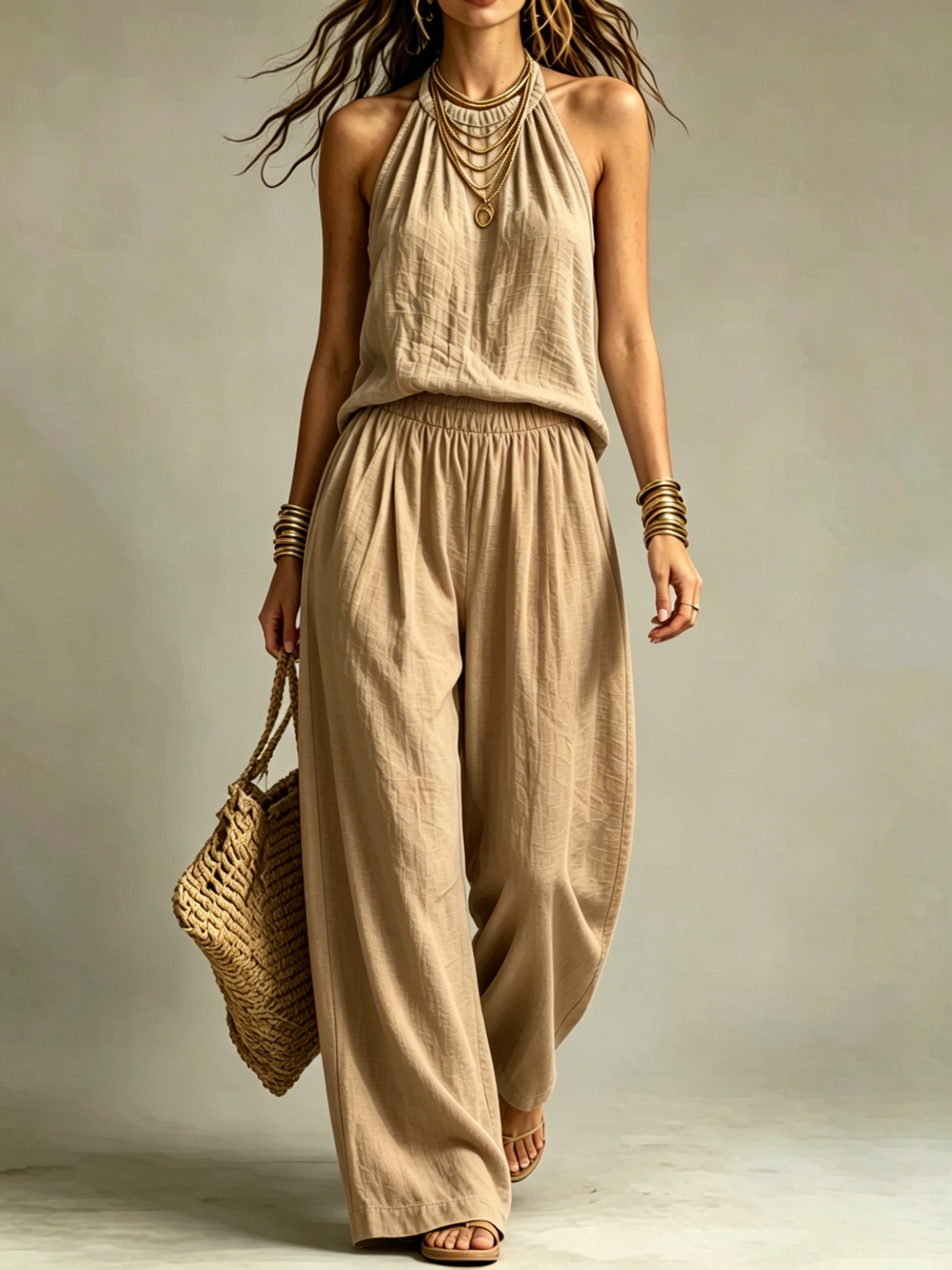 Halter Sleeveless Textured Fabric Two-Piece Pant Set