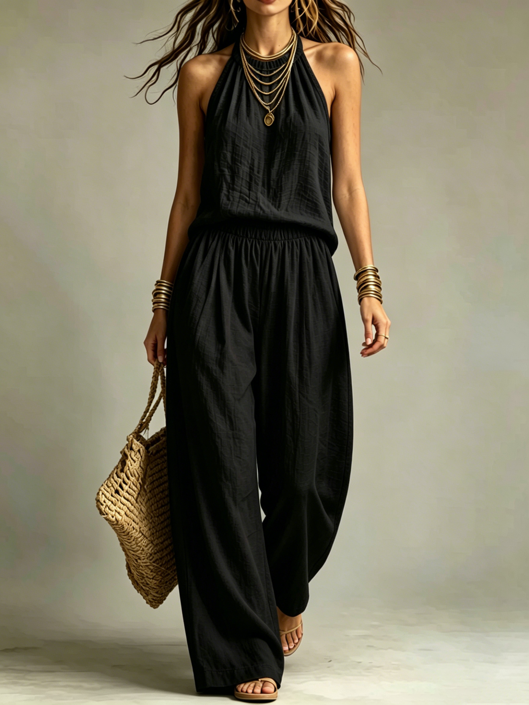 Halter Sleeveless Textured Fabric Two-Piece Pant Set