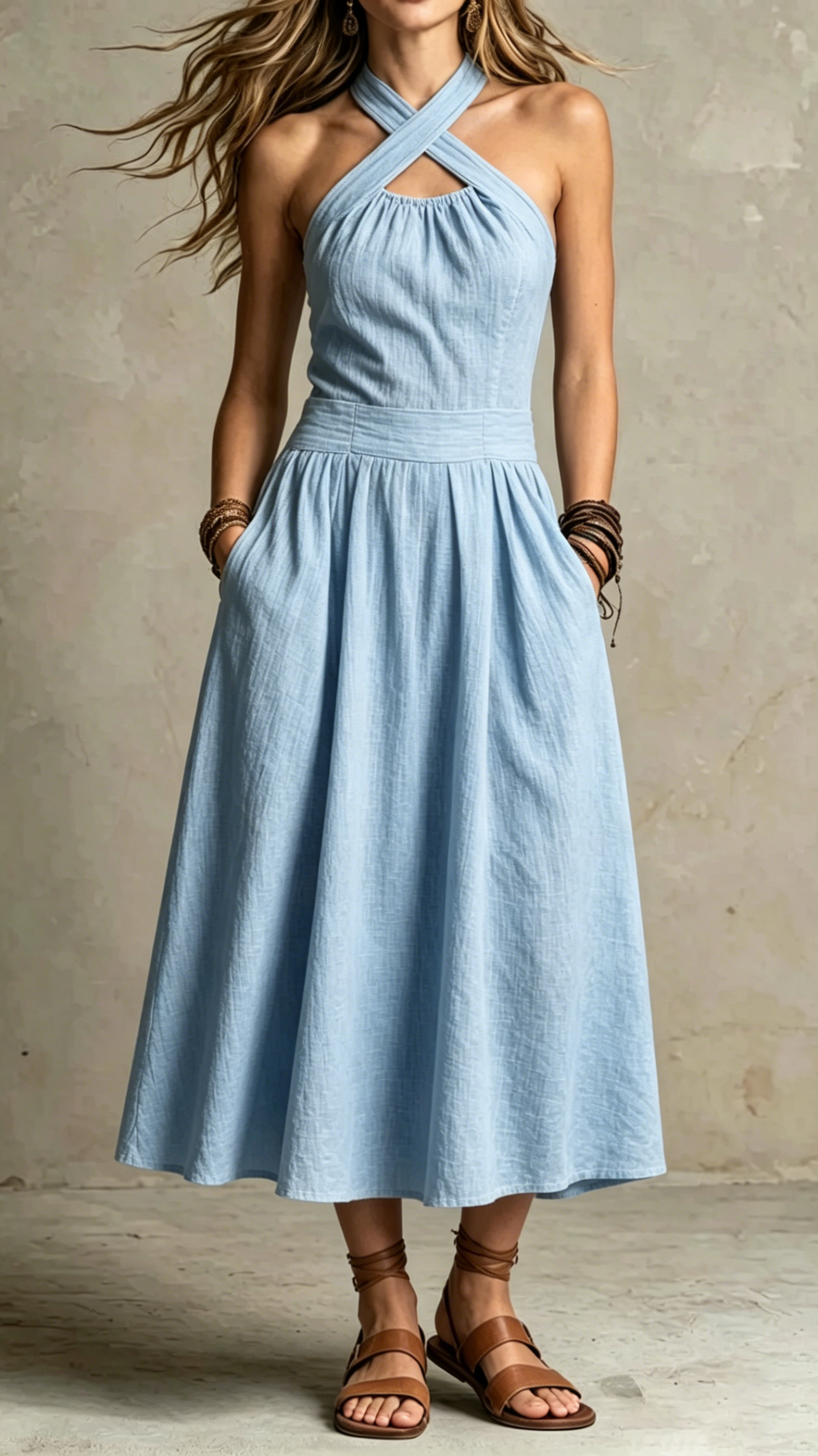 Cross Halter Linen-Blend Midi Dress