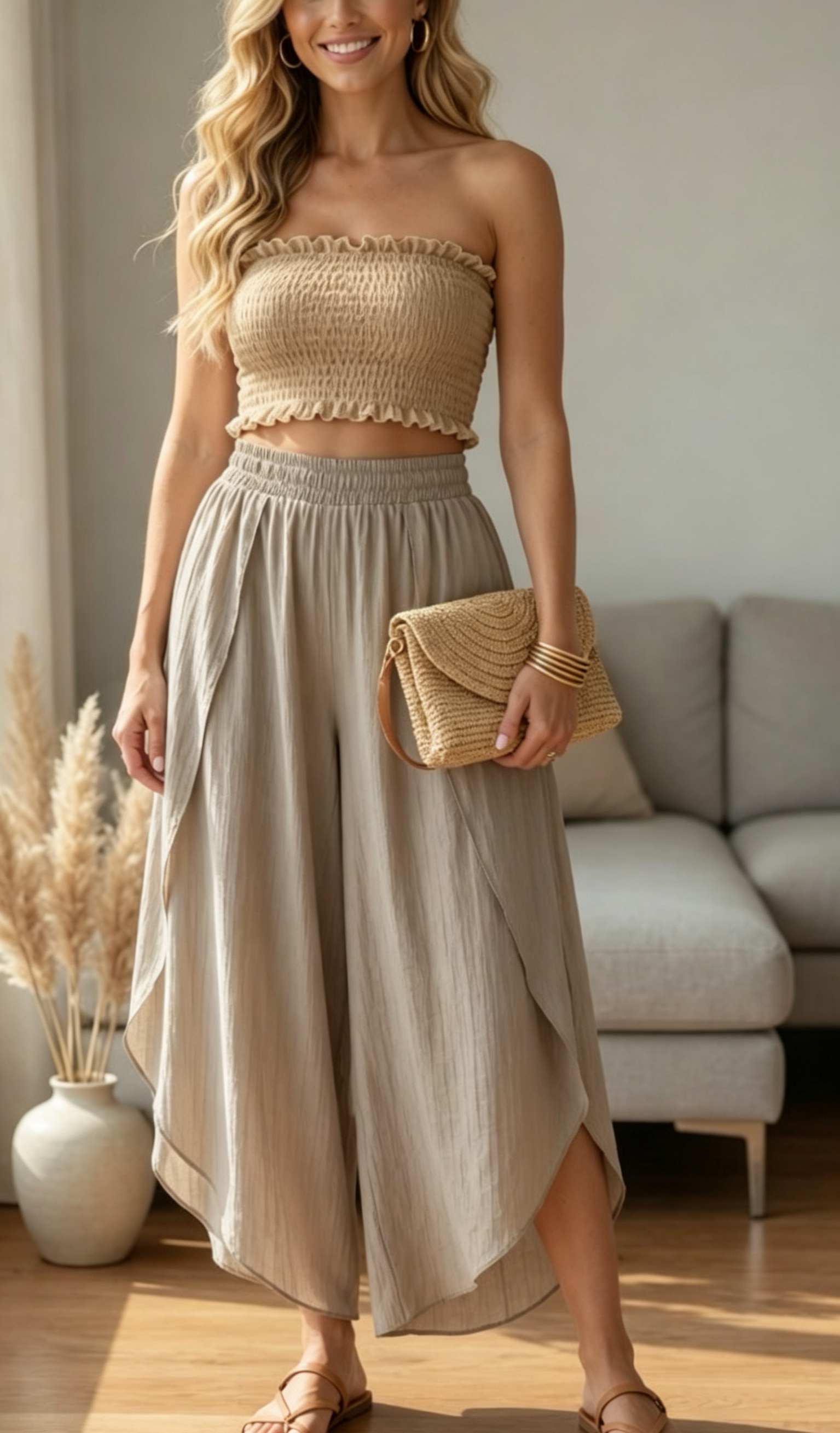 Smocked Tube Top & Overlay Wide-Leg Pants Two-Piece Set