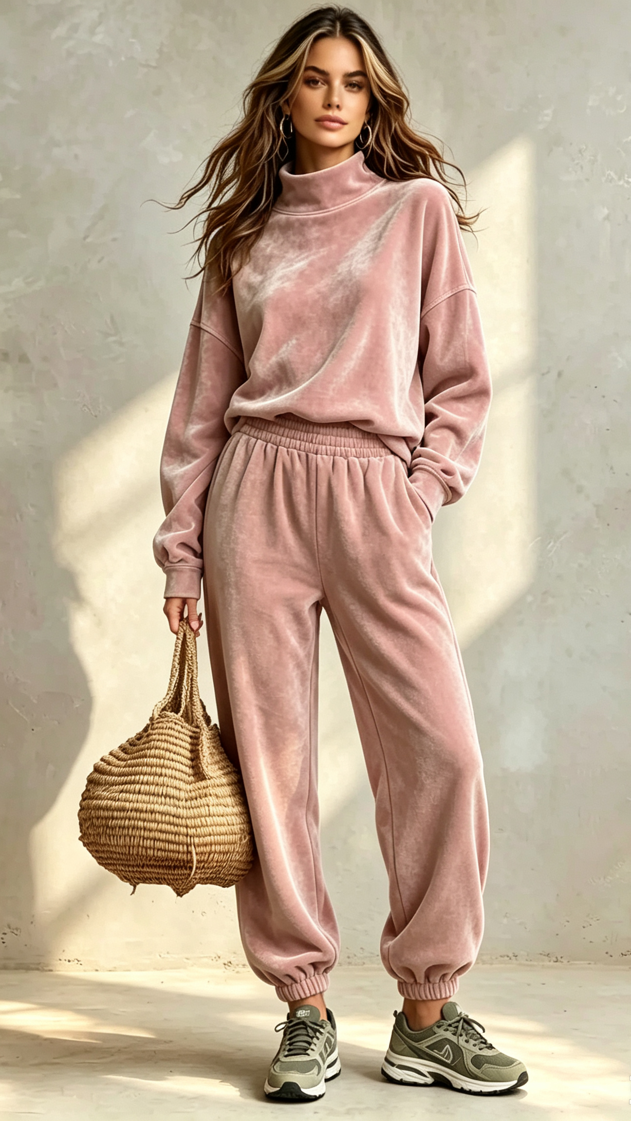 2‑Piece Velvet Co‑Ord Set | Mock Neck Long‑Sleeve Top & Elastic Cuff Jogger Pants Casual Loungewear Outfit