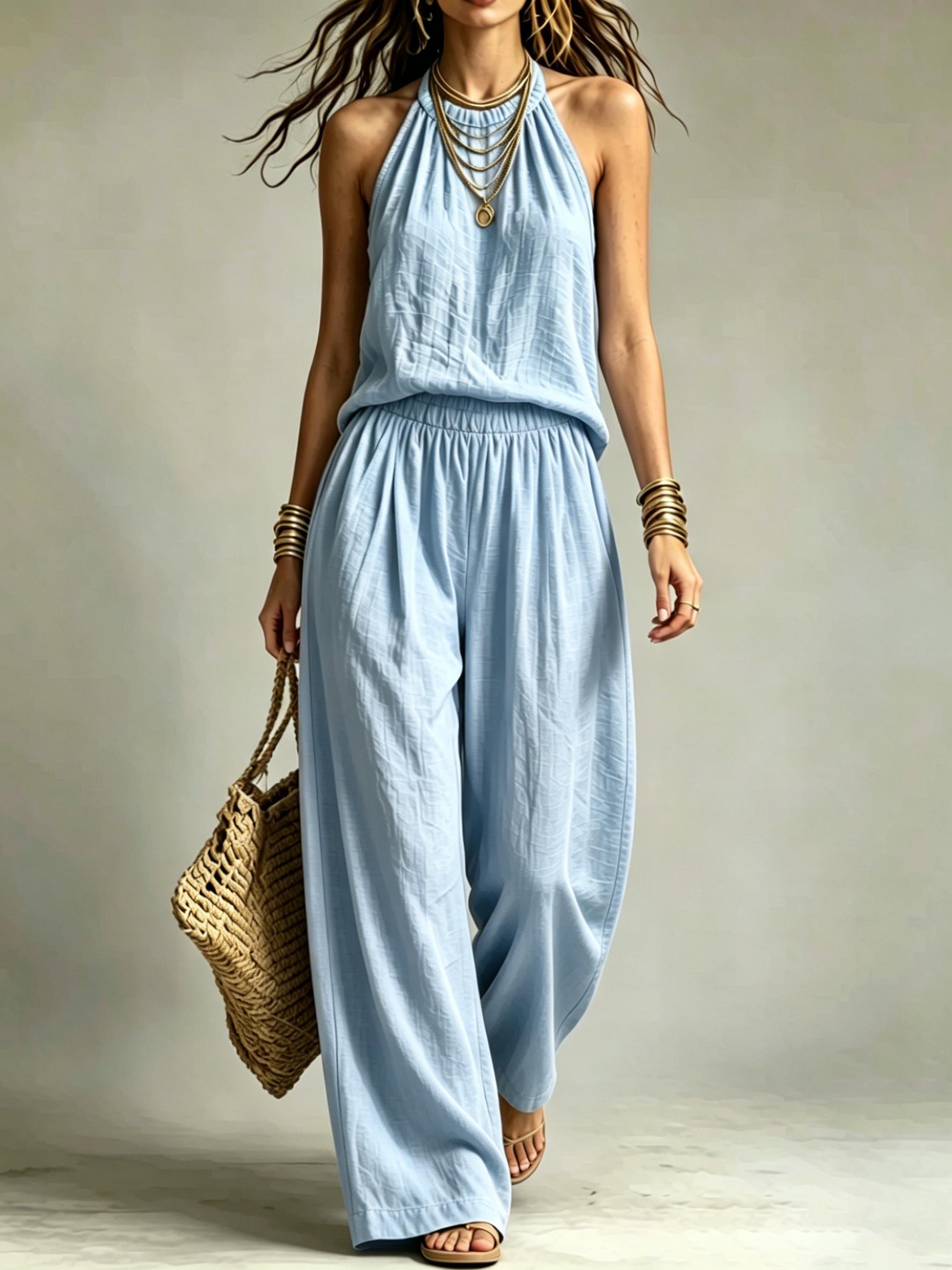 Halter Sleeveless Textured Fabric Two-Piece Pant Set
