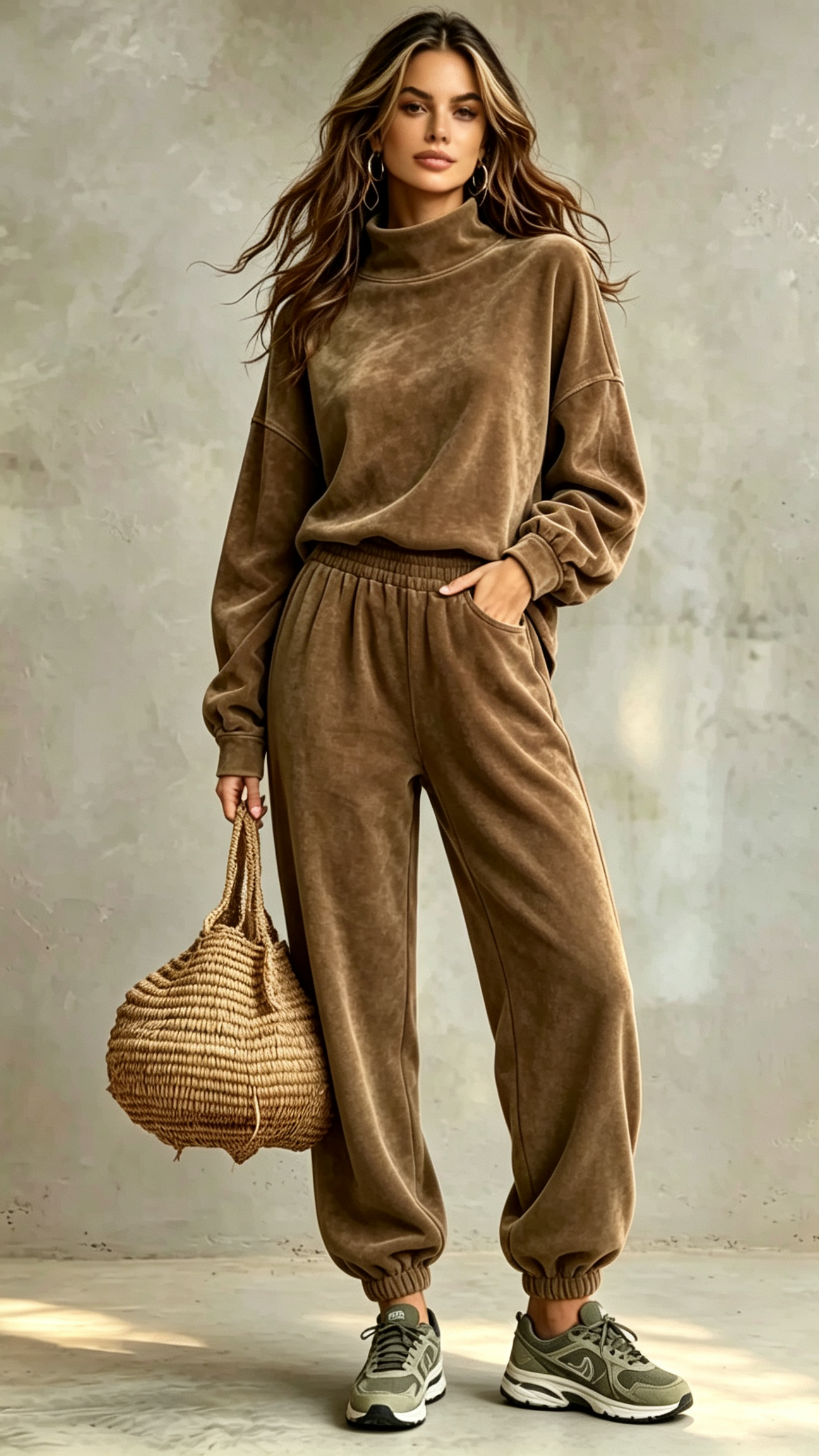 2‑Piece Velvet Co‑Ord Set | Mock Neck Long‑Sleeve Top & Elastic Cuff Jogger Pants Casual Loungewear Outfit