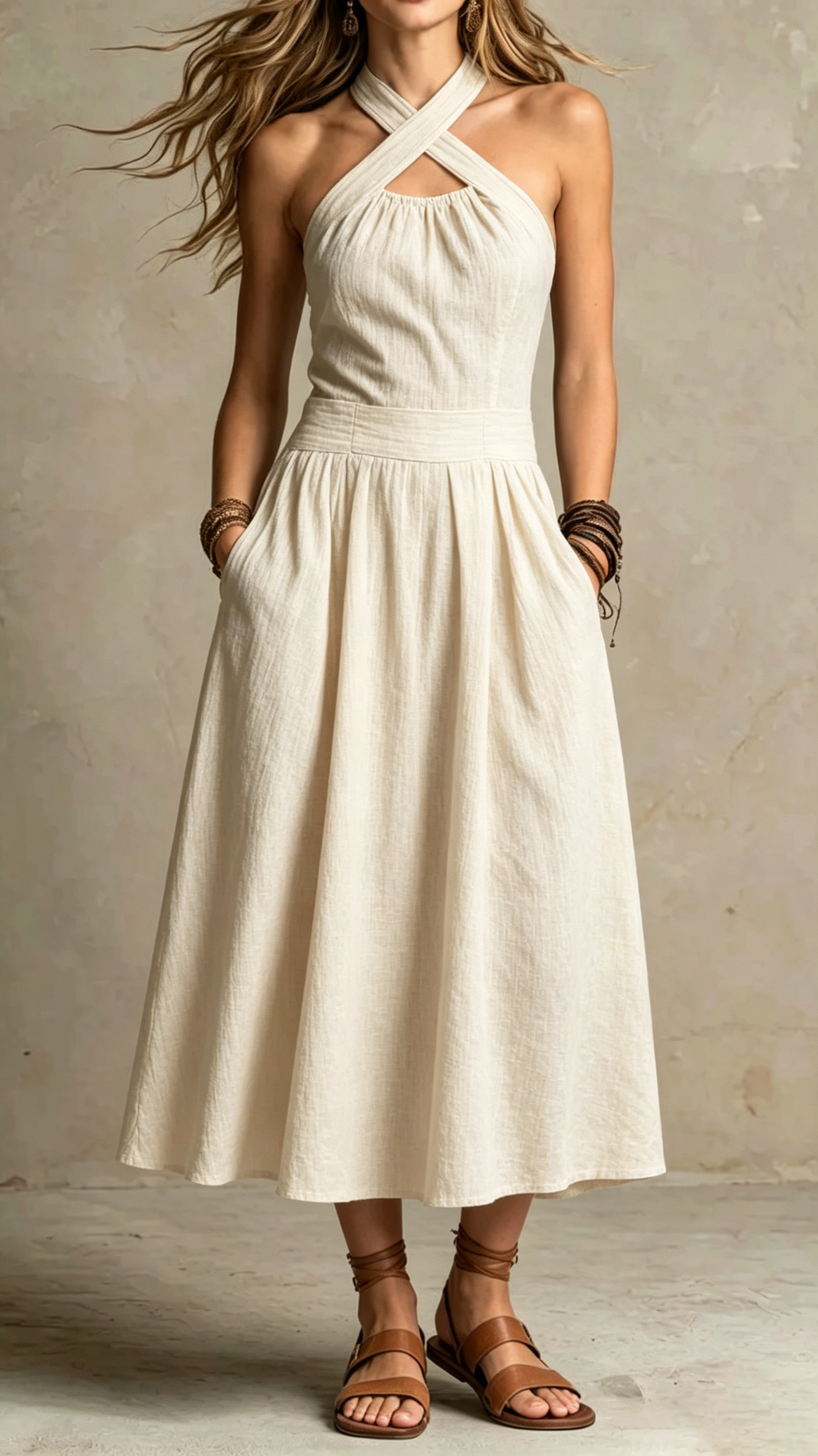 Cross Halter Linen-Blend Midi Dress