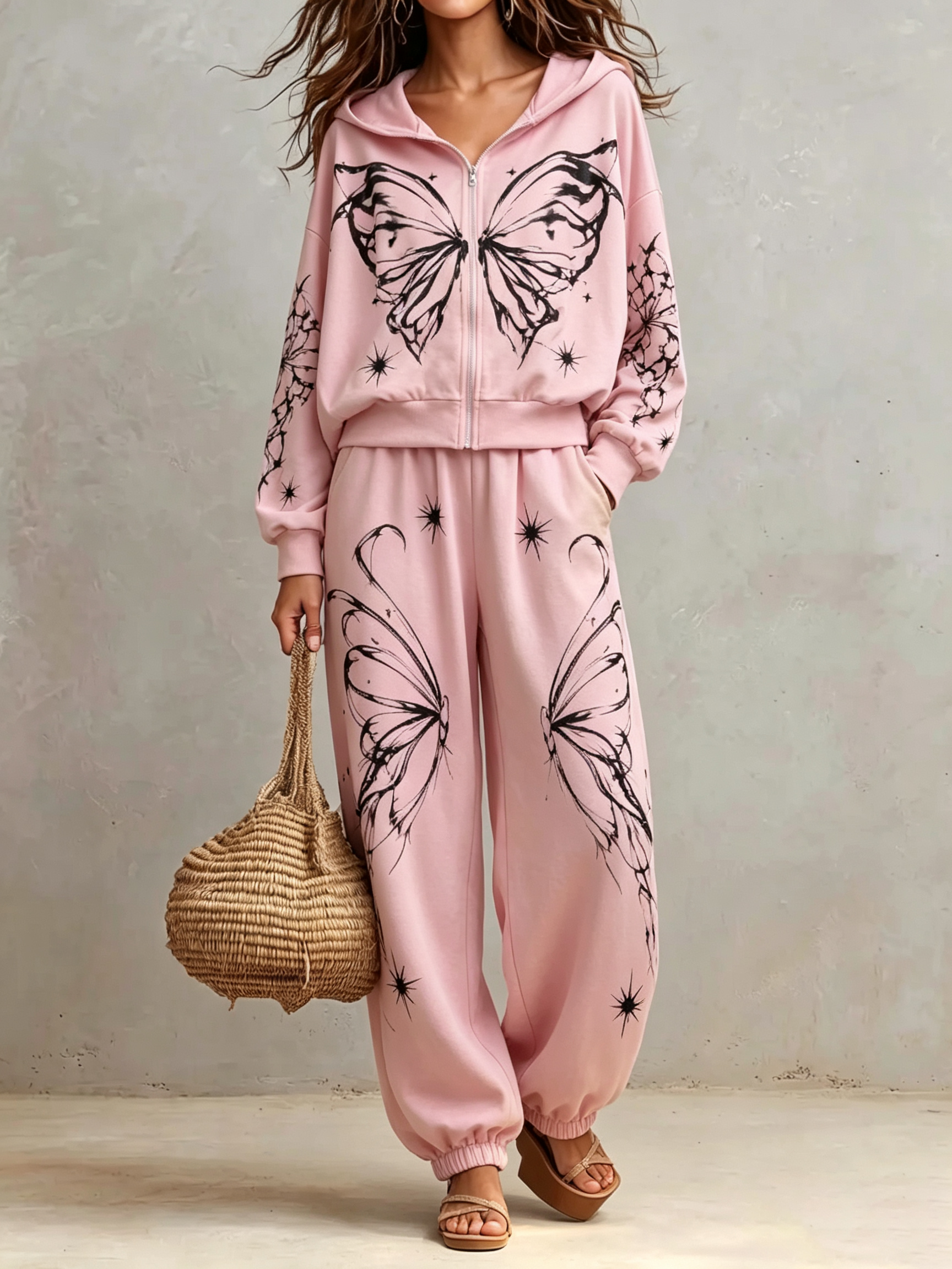 2‑Piece Graphic Co‑Ord Set | Zip‑Up Hooded Jacket & Jogger Pants Butterfly Star Print Casual Loungewear Outfit