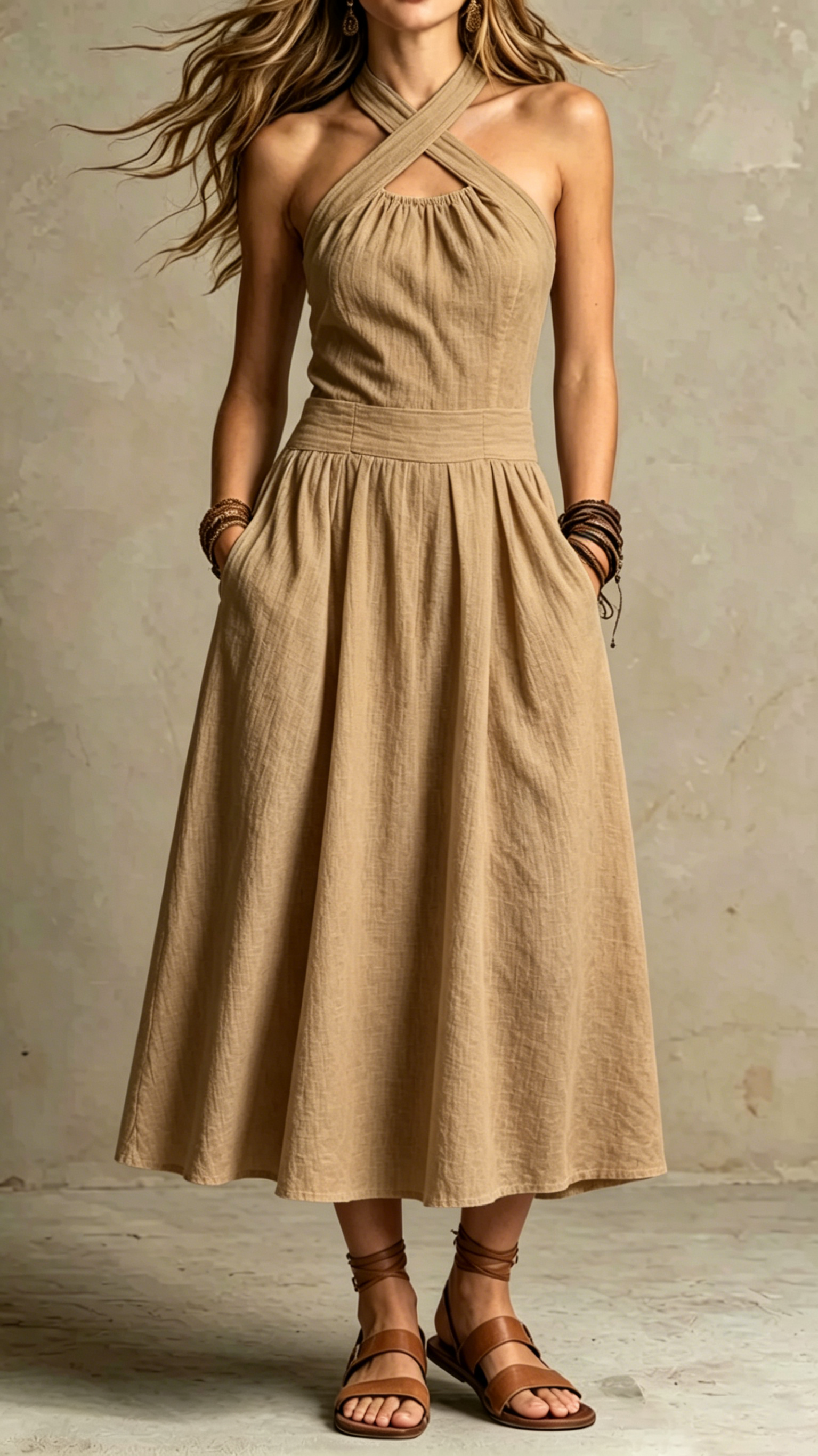 Cross Halter Linen-Blend Midi Dress