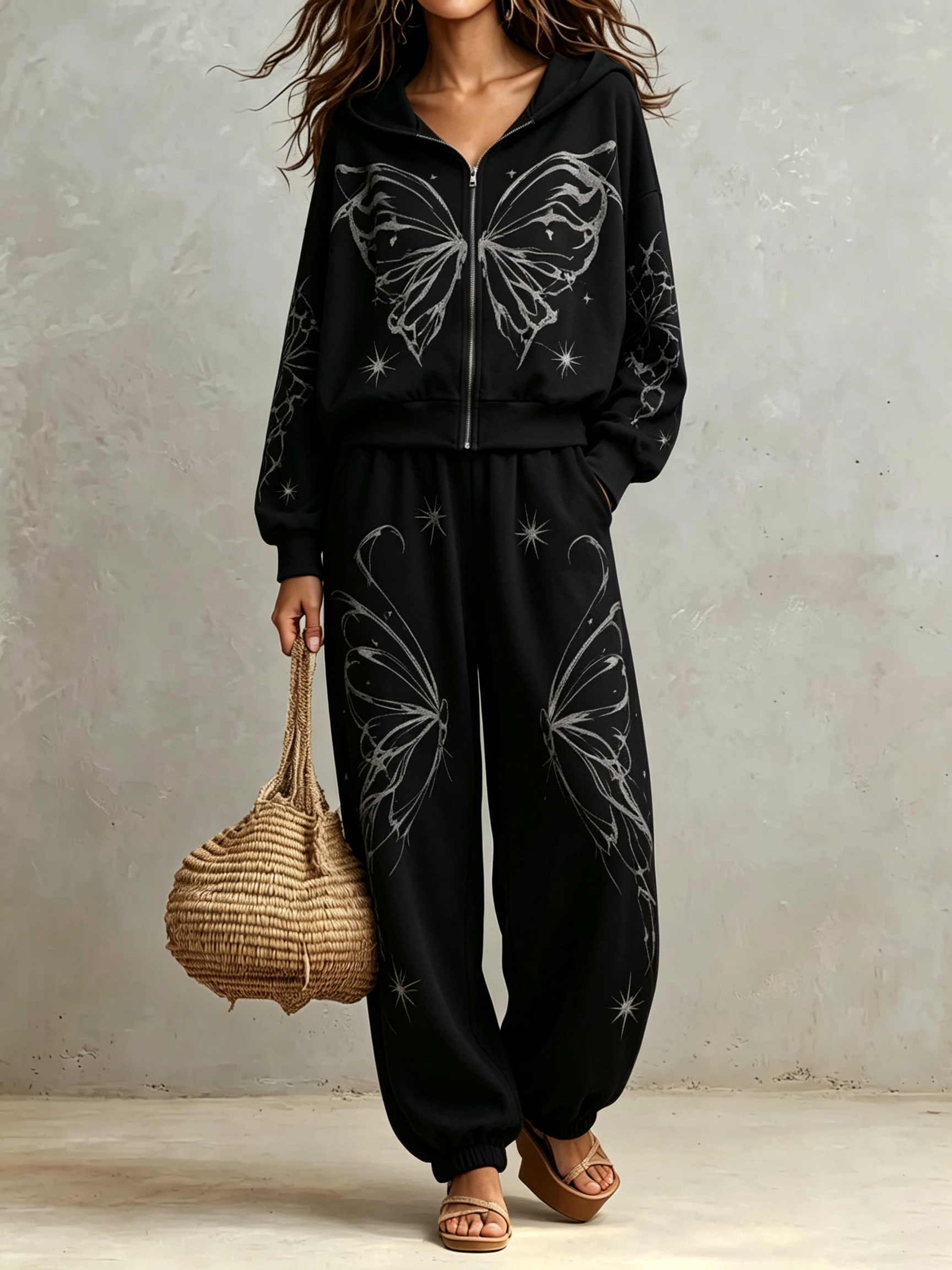 2‑Piece Graphic Co‑Ord Set | Zip‑Up Hooded Jacket & Jogger Pants Butterfly Star Print Casual Loungewear Outfit