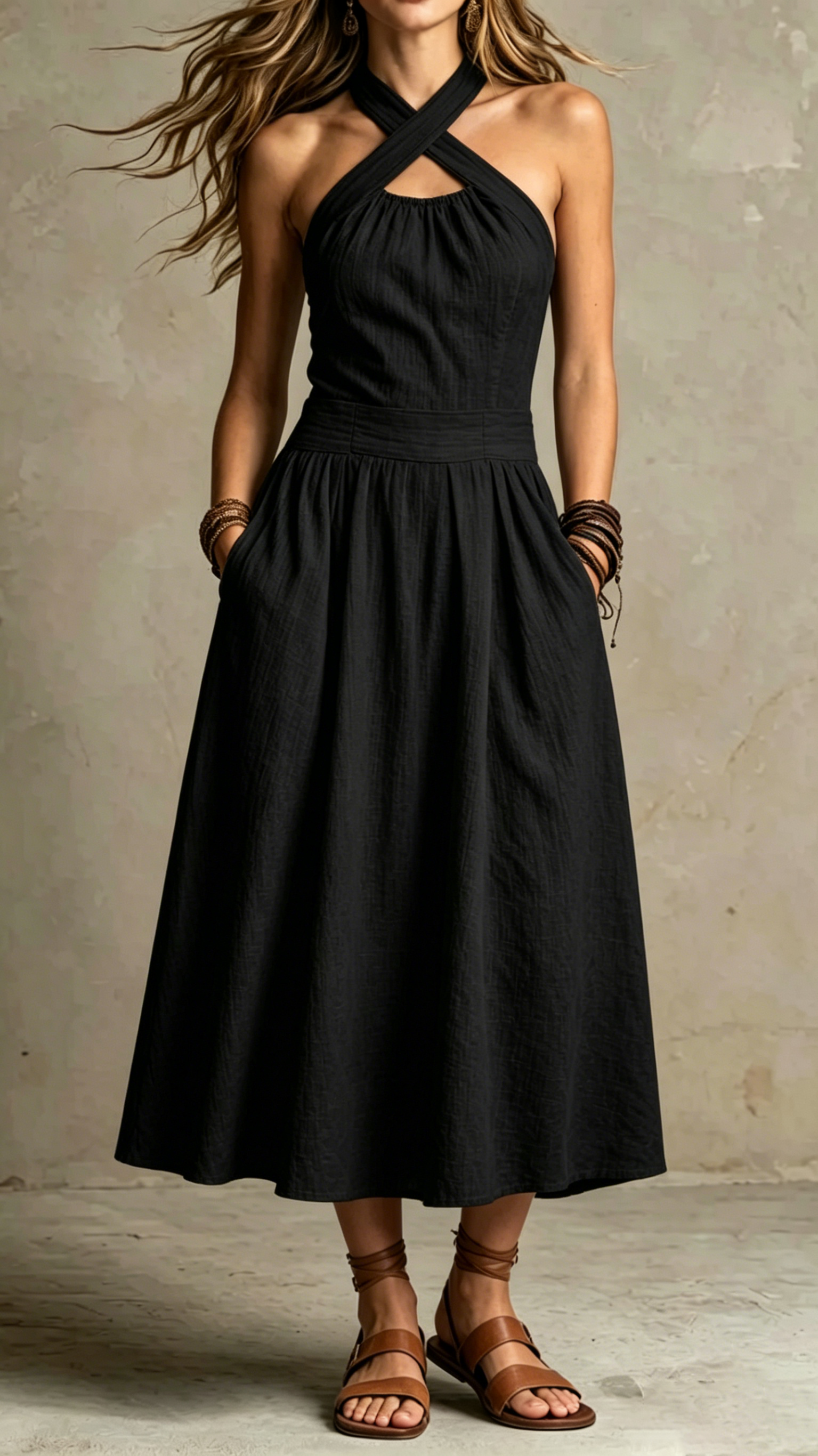 Cross Halter Linen-Blend Midi Dress