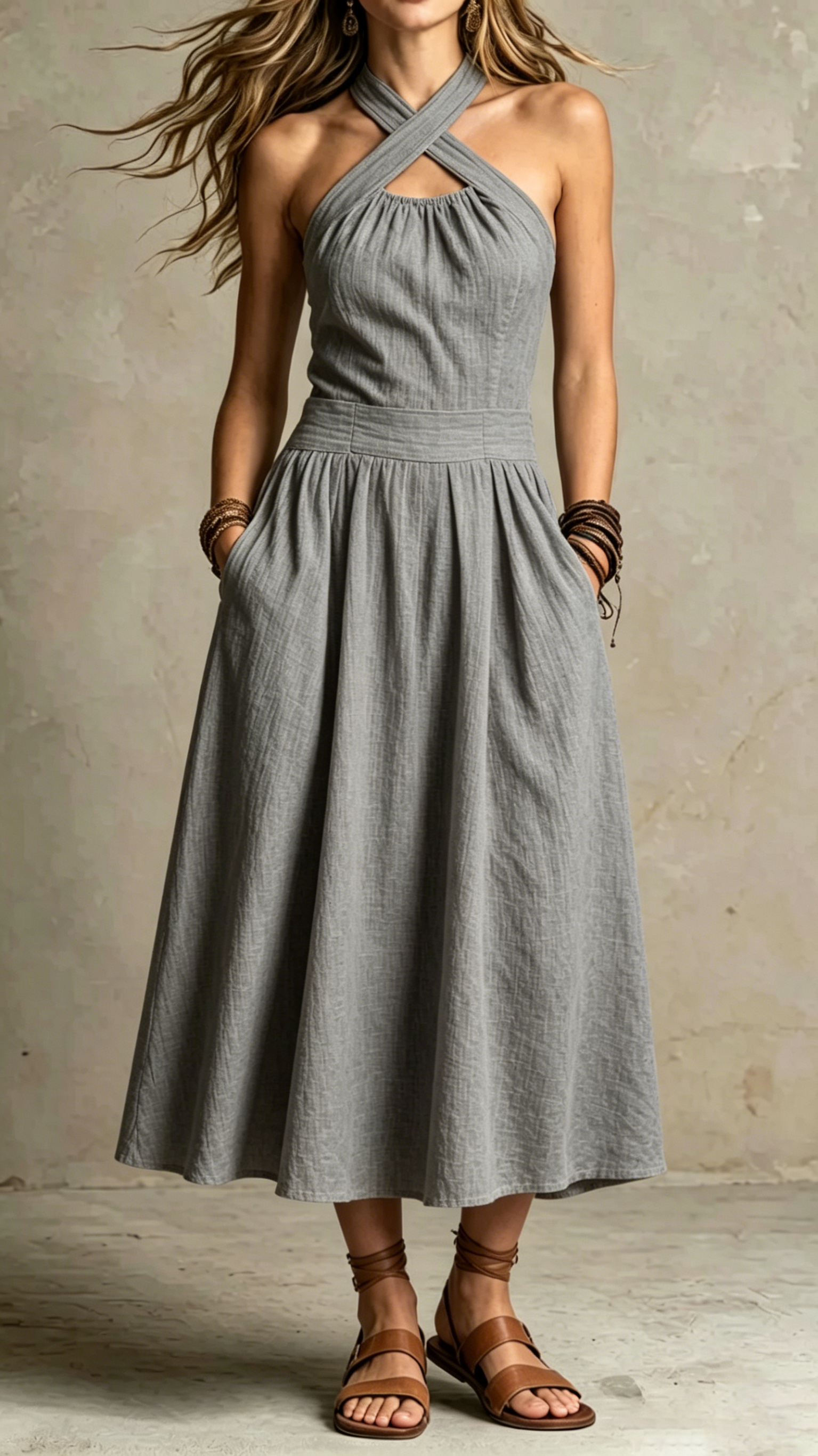Cross Halter Linen-Blend Midi Dress